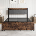 Full Size Bed Frame, Storage Headboard With Charging Station And 2 Storage Drawers,Vintage Brown And Gray Box Spring Not Required Full Black Iron Brown Bedroom Bed Frame Metal & Wood