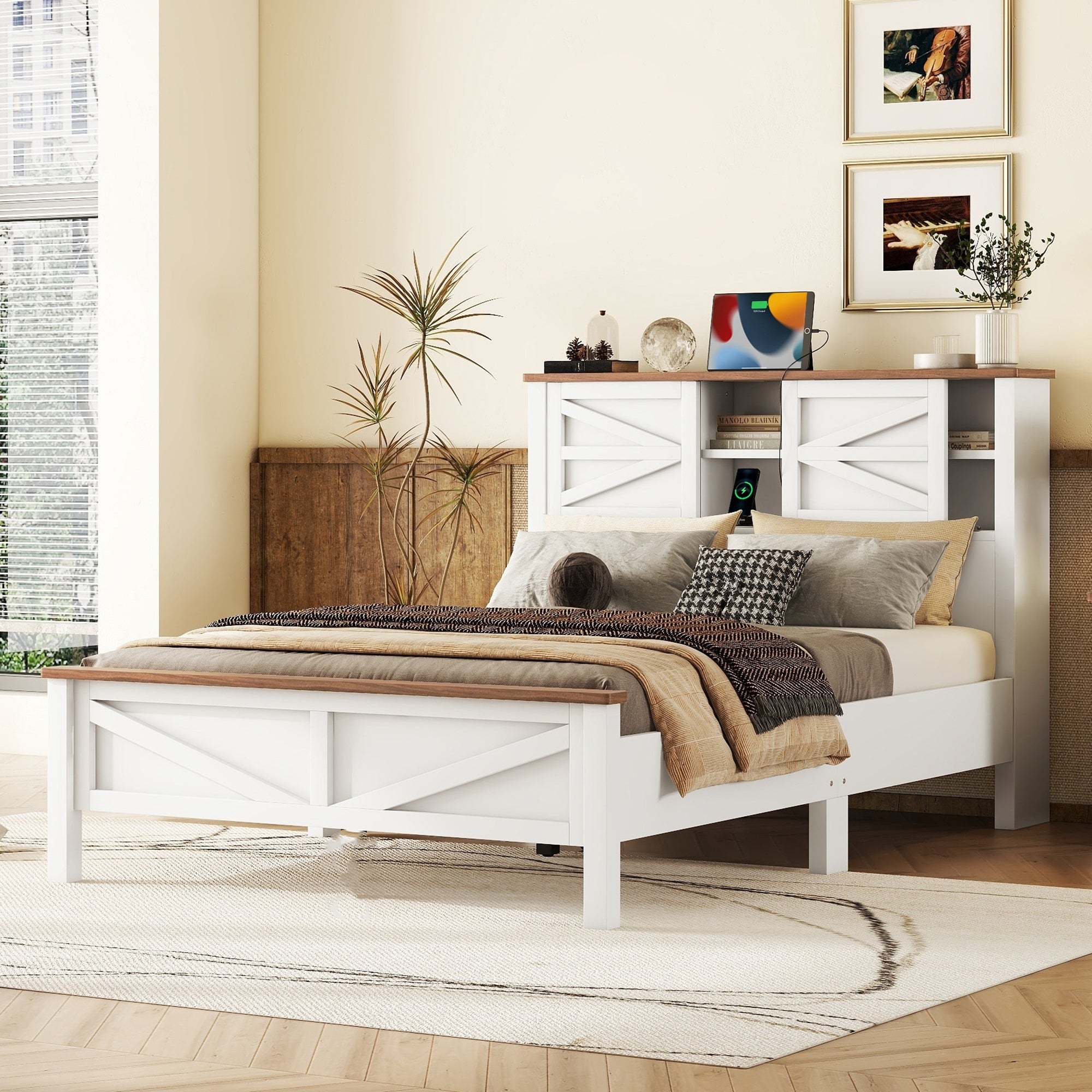 Farmhouse Platform Bed With Double Sliding Barn Door, Full Size Rustic Wood Bed Withcharging Station, Wood Slats Support, White Brown White Particle Board