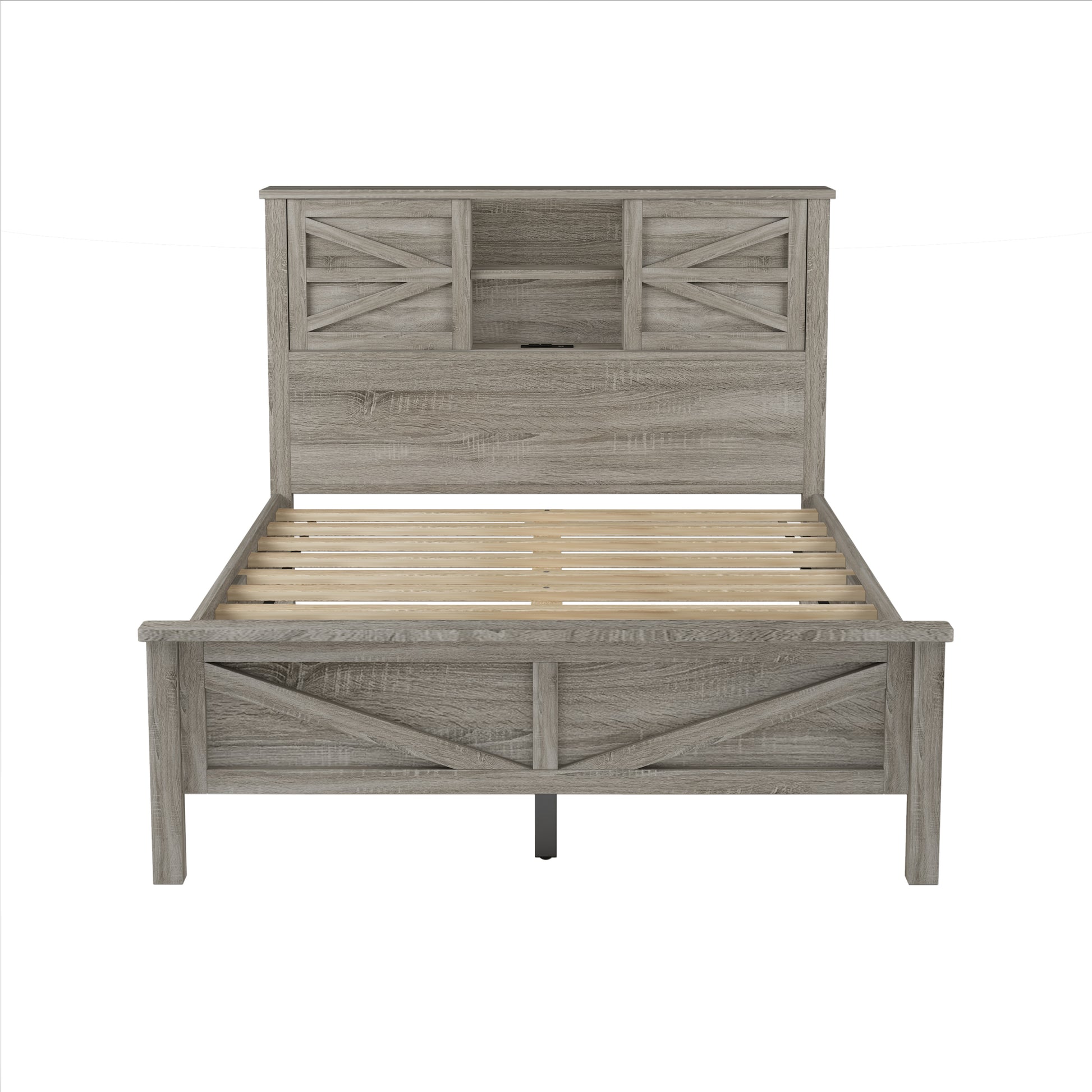 Farmhouse Platform Bed With Double Sliding Barn Door, Full Size Rustic Wood Bed Withcharging Station, Wood Slats Support, Antique Gray Antique Gray Particle Board