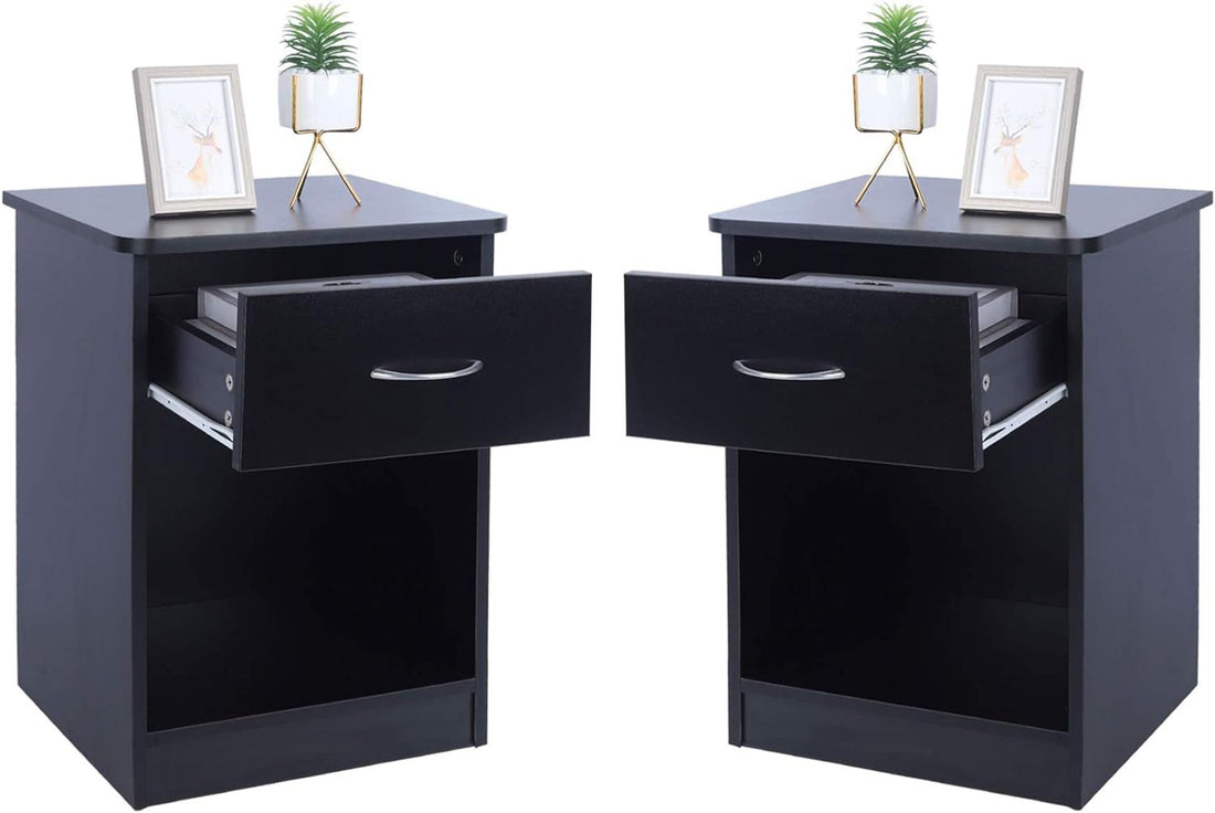 2 Pcs Of Lack Nightstand With Drawers, End Table Bedroom Side Tables Bedside Cabinets, File Cabinet Storage With Sliding Drawer And Shelf For Home Office Black Black Mdf