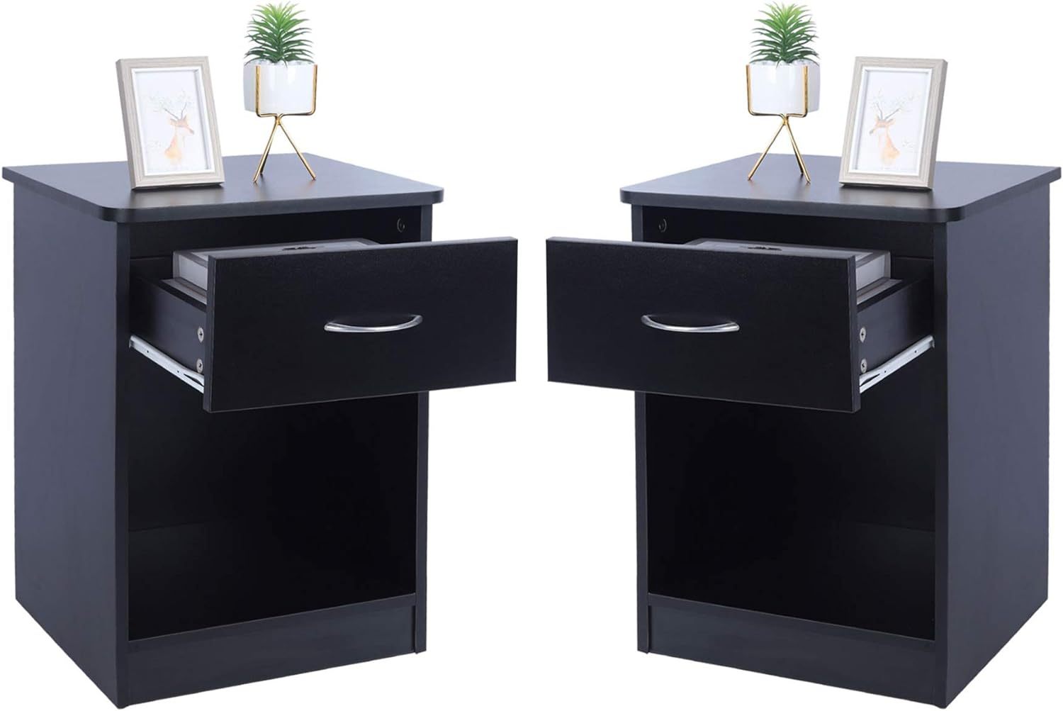 2 Pcs Of Lack Nightstand With Drawers, End Table Bedroom Side Tables Bedside Cabinets, File Cabinet Storage With Sliding Drawer And Shelf For Home Office Black Black Mdf