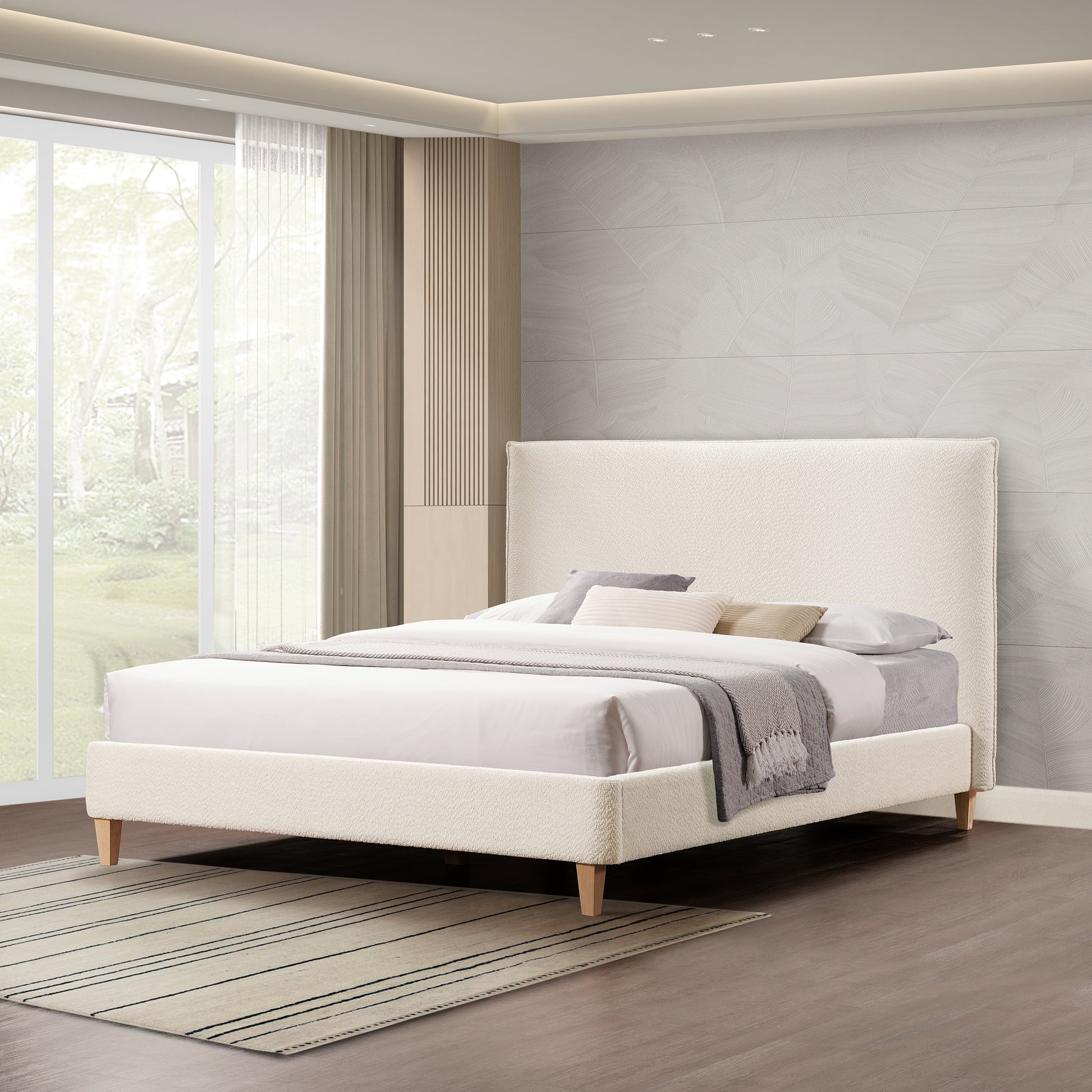 Vireo Upholstered Platform Bed Pearl White Queen Box Spring Not Required Queen Cream White Wood Bedroom Slat Beds Boucle Boucle