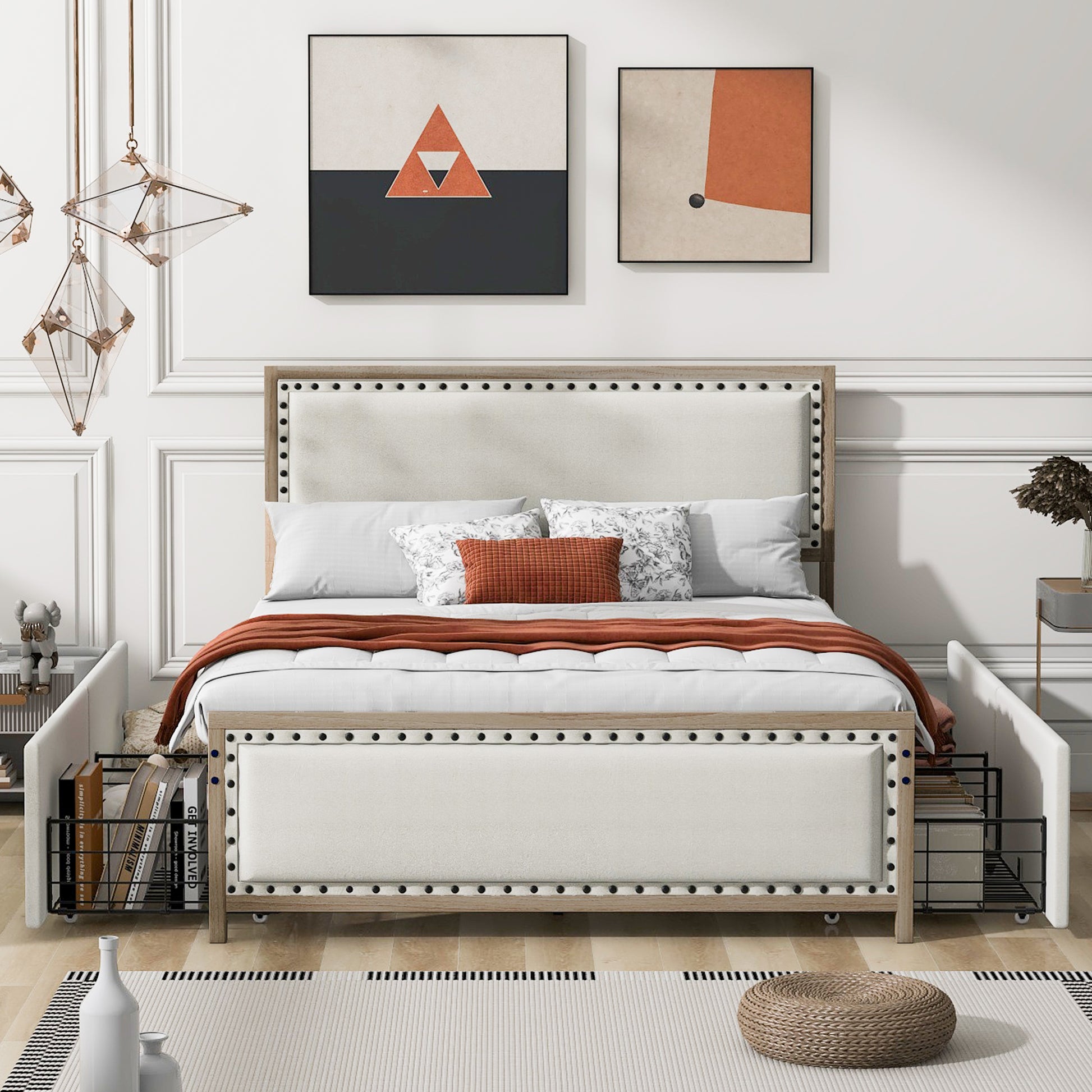 Queen Size Upholstered Platform Bed With Decoration And 4 Drawers, Brown Box Spring Not Required Queen Brown Metal Bedroom Bed Frame Linen Upholstered