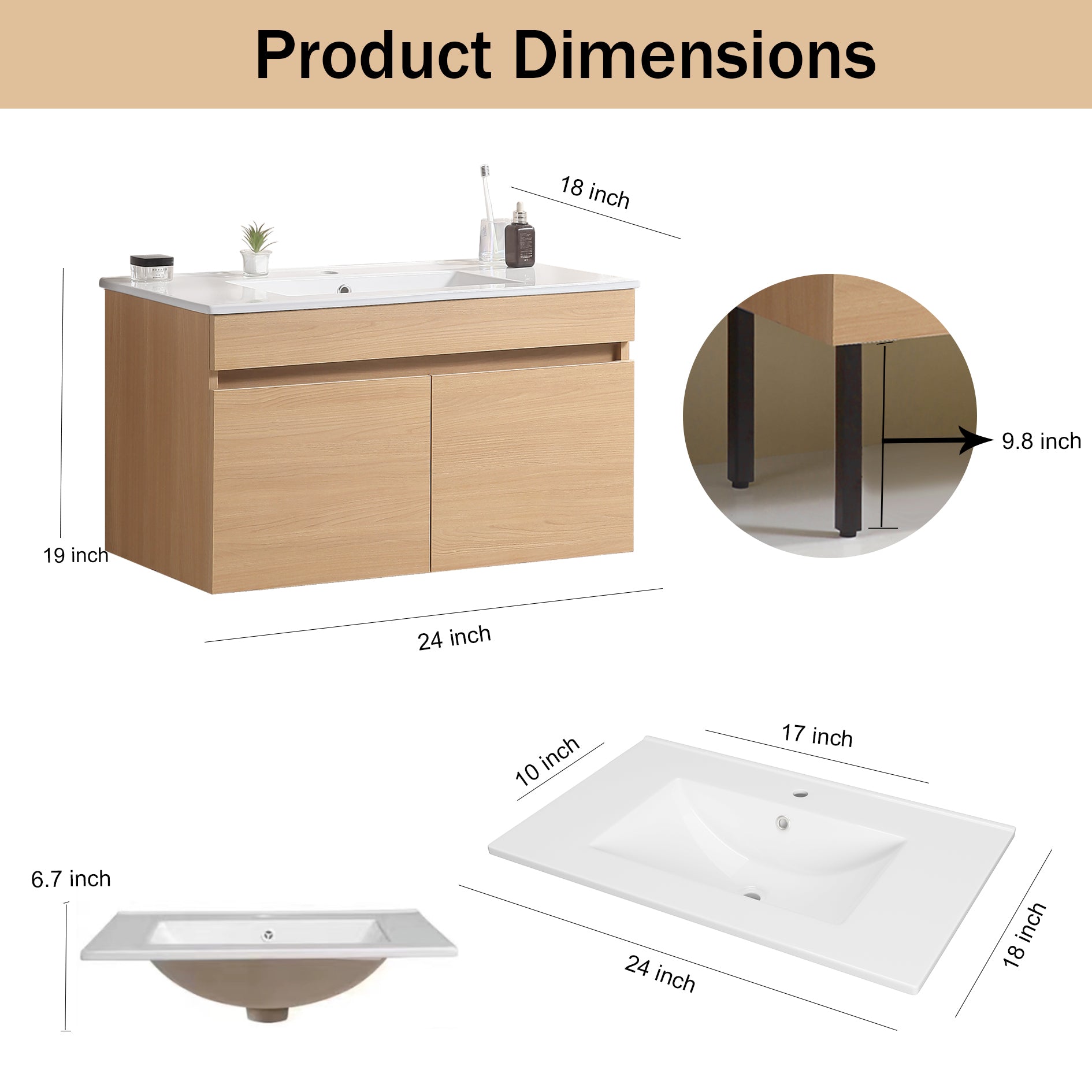 24 Inch Wall Mounted Bathroom Vanity With White Ceramic Basin,Two Soft Close Cabinet Doors, Solid Wood,Excluding Faucets,Light Oak Light Oak Solid Wood