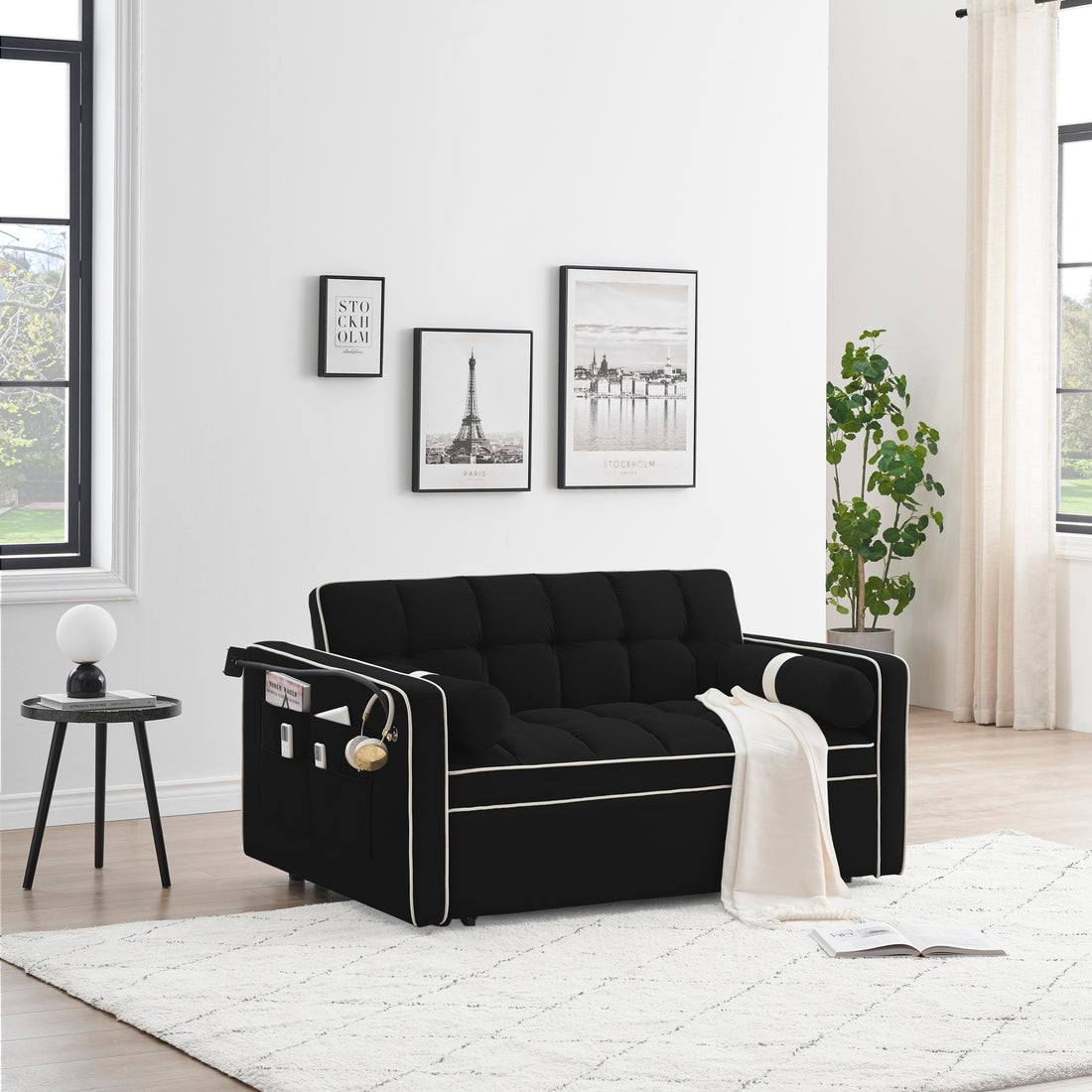 Sleeper Sofa Couch W Pull Out Bed, 55" Modern Velvet Convertible Sleeper Sofa Bed, Small Beautiful Seat Sofa Bed W Pillows & Side Pockets For Small Space, Living Room, Apartment,Black Black Velvet 2 Seat