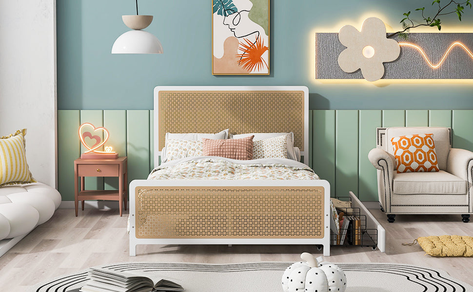 Queen Size Metal Platform Bed With 2 Drawers, White Box Spring Not Required Queen White Bedroom Bed Frame Metal