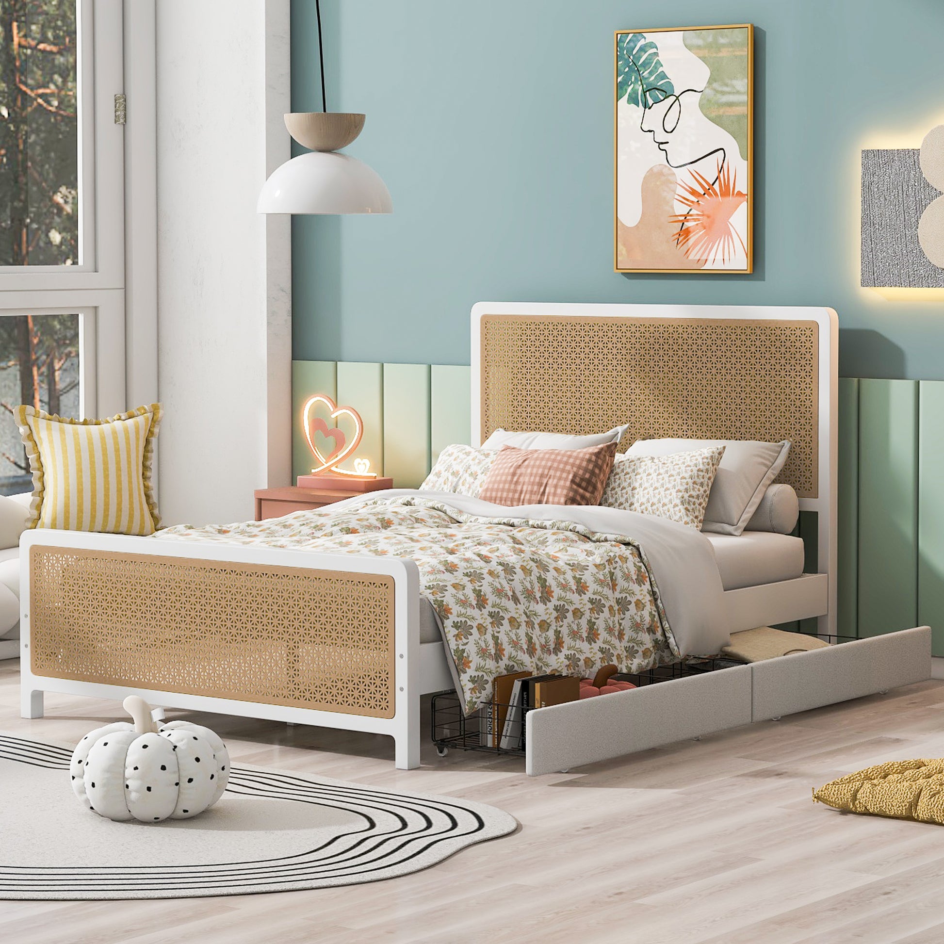 Queen Size Metal Platform Bed With 2 Drawers, White Box Spring Not Required Queen White Bedroom Bed Frame Metal