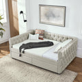 Upholstered Full Size Daybed With Two Drawers, With Button And Copper Nail On Square Arms, Beige 82.75''X58''X30.75'' Box Spring Not Required Full Beige Composite Bedroom