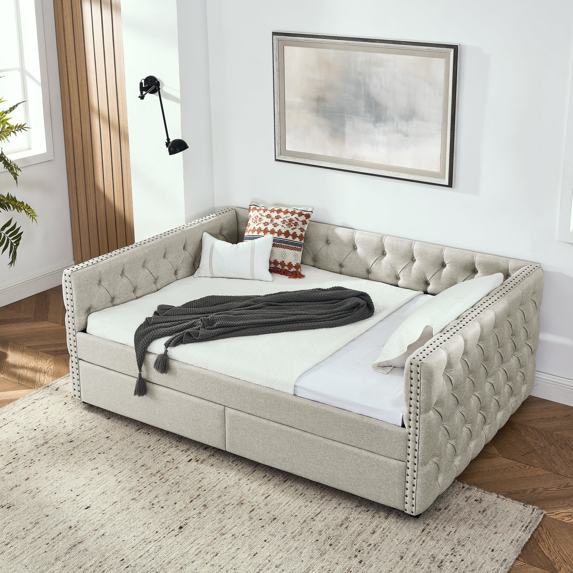 Upholstered Full Size Daybed With Two Drawers, With Button And Copper Nail On Square Arms, Beige 82.75''X58''X30.75'' Box Spring Not Required Full Beige Composite Bedroom