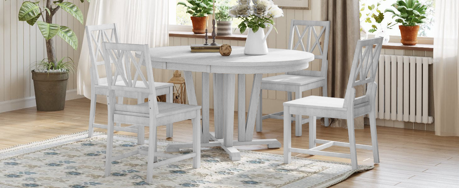 Rustic 5 Piece Extendable Dining Table Set Round Trestle Table And 4 Cross Back Dining Chairs For Kitchen, Dining Room, Gray Gray Wood Dining Room Solid Wood Rubberwood Round Dining Table With Chair Wood Wood Gray Solid Back Seats 4 Removable Leaf