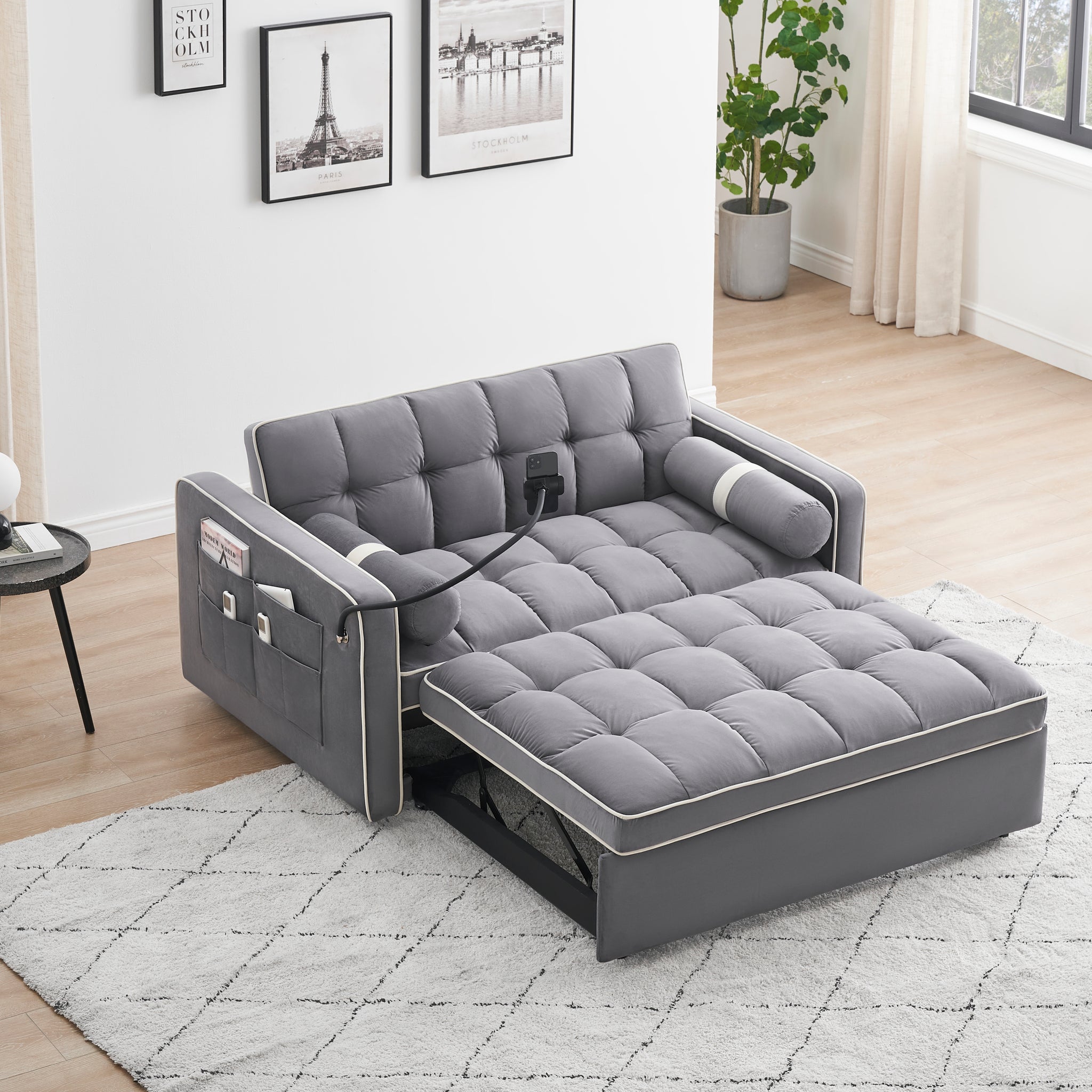 Sleeper Sofa Couch W Pull Out Bed, 55" Modern Velvet Convertible Sleeper Sofa Bed, Small Beautiful Seat Sofa Bed W Pillows & Side Pockets For Small Space, Living Room, Apartment,Gray Gray Velvet