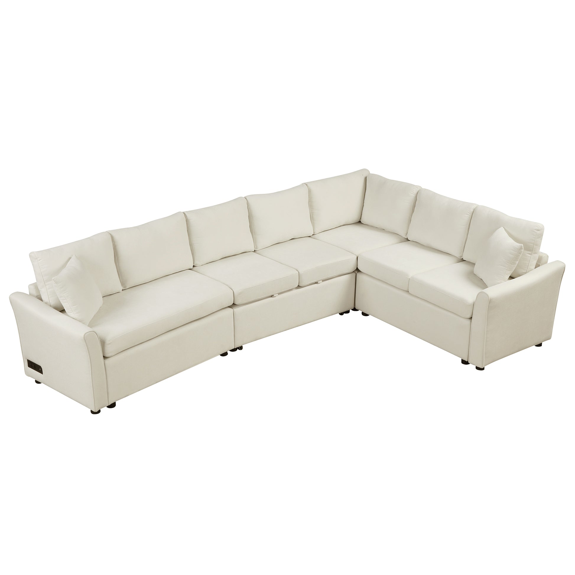 124.8"L Shaped Sofa Convertible Sofa Bed Pull Out Sofa Sleeper With Two Back Pillows, Two Usb Ports And Two Power Sockets For Living Room, Beige Old Sku:Sg000890Aaa Beige Foam Chenille 6 Seat