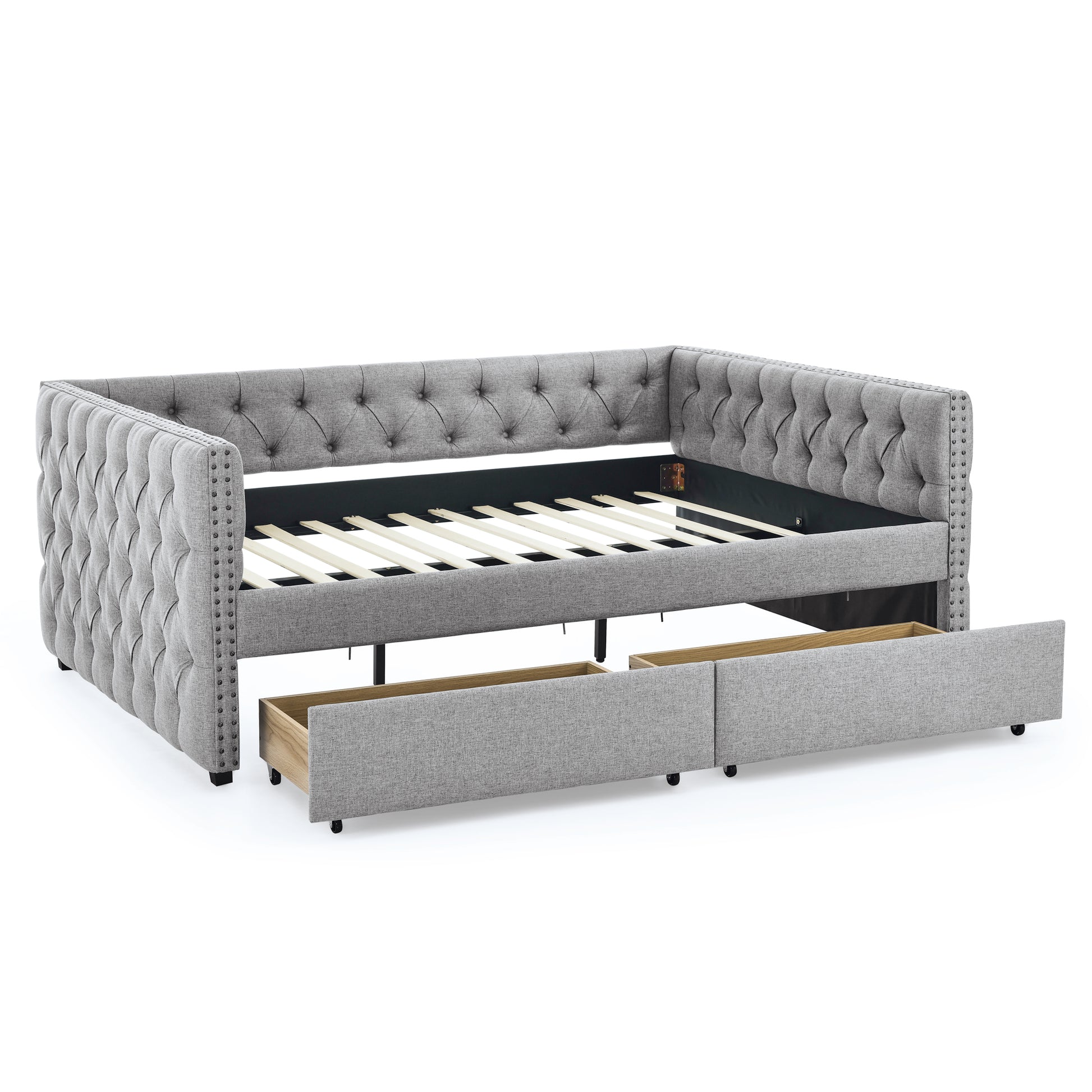 Upholstered Full Size Daybed With Two Drawers, With Button And Copper Nail On Square Arms, Grey 82.75''X58''X30.75'' Box Spring Not Required Full Grey Composite Bedroom Classic,Contemporary,Luxury,Modern,Traditional Linen Linen