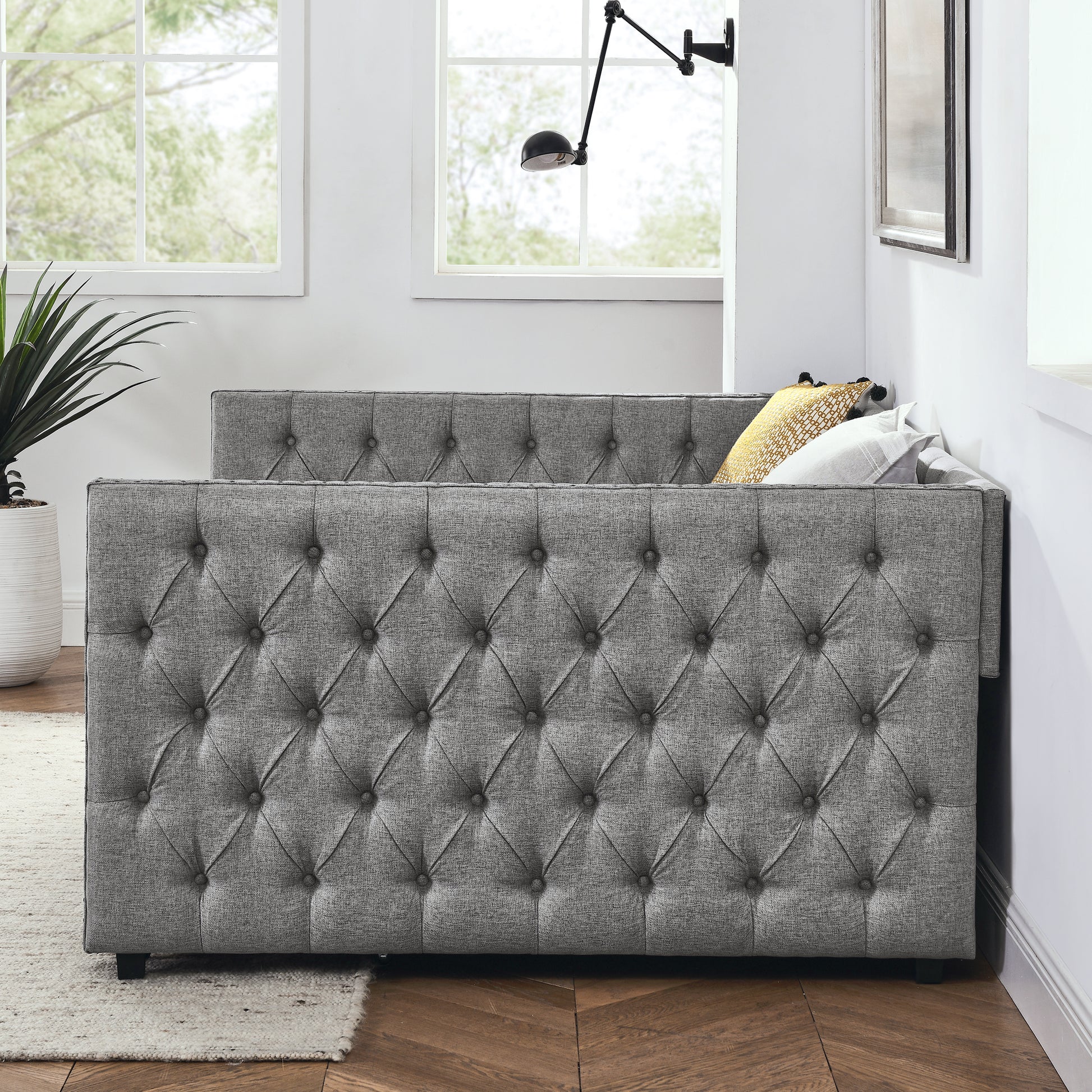 Upholstered Full Size Daybed With Two Drawers, With Button And Copper Nail On Square Arms, Grey 82.75''X58''X30.75'' Box Spring Not Required Full Grey Composite Bedroom Classic,Contemporary,Luxury,Modern,Traditional Linen Linen