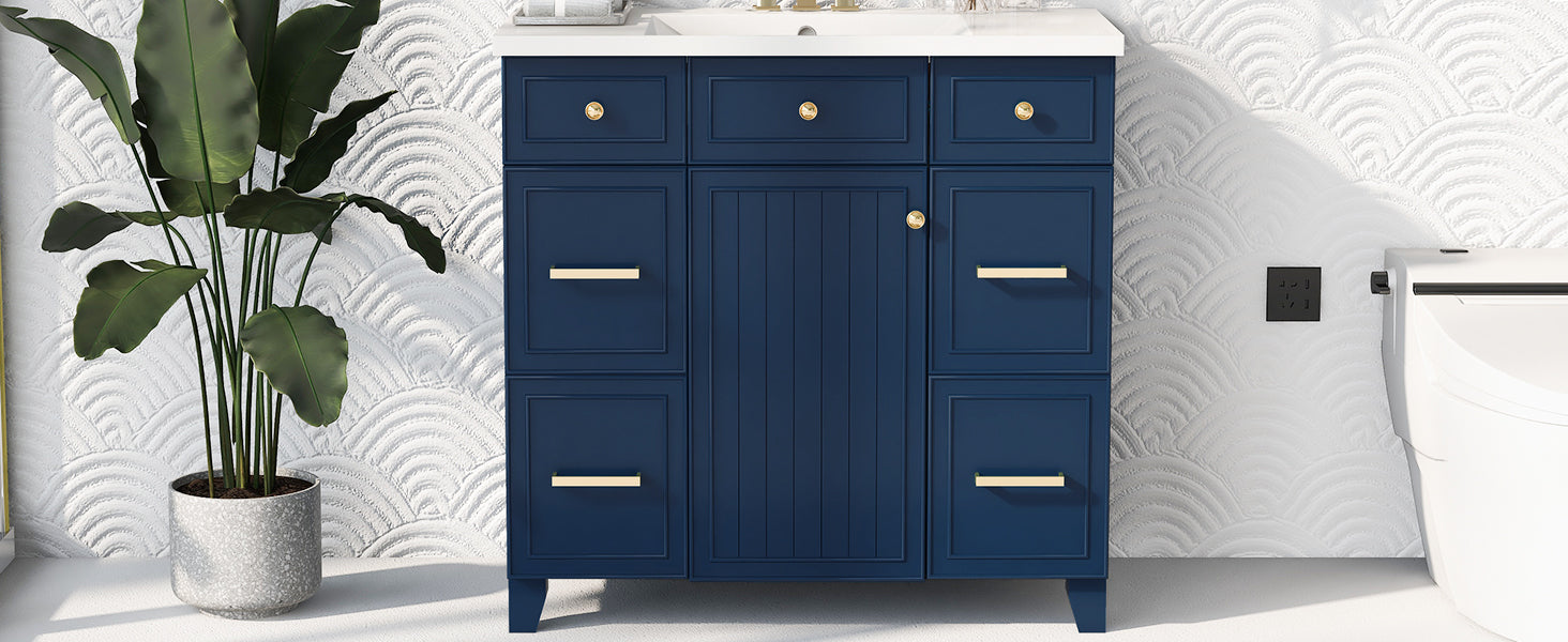 36" Bathroom Vanity Cabinet With Sink Top Combo Set, Navy Blue, Single Sink, Shaker Cabinet With Soft Closing Door And Drawer Navy Blue Solid Wood Mdf Resin