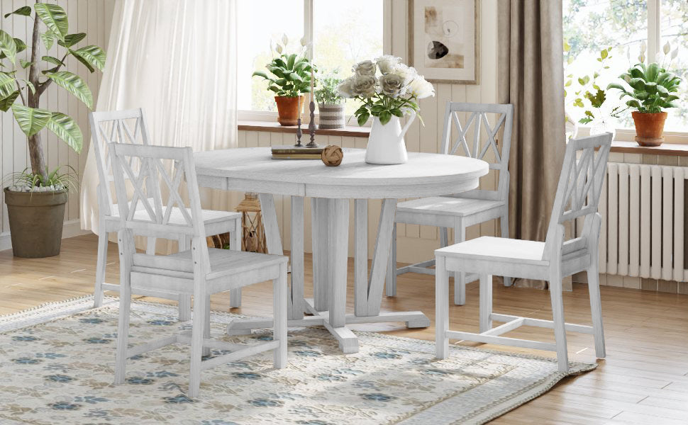 Rustic 5 Piece Extendable Dining Table Set Round Trestle Table And 4 Cross Back Dining Chairs For Kitchen, Dining Room, Gray Gray Wood Dining Room Solid Wood Rubberwood Round Dining Table With Chair Wood Wood Gray Solid Back Seats 4 Removable Leaf