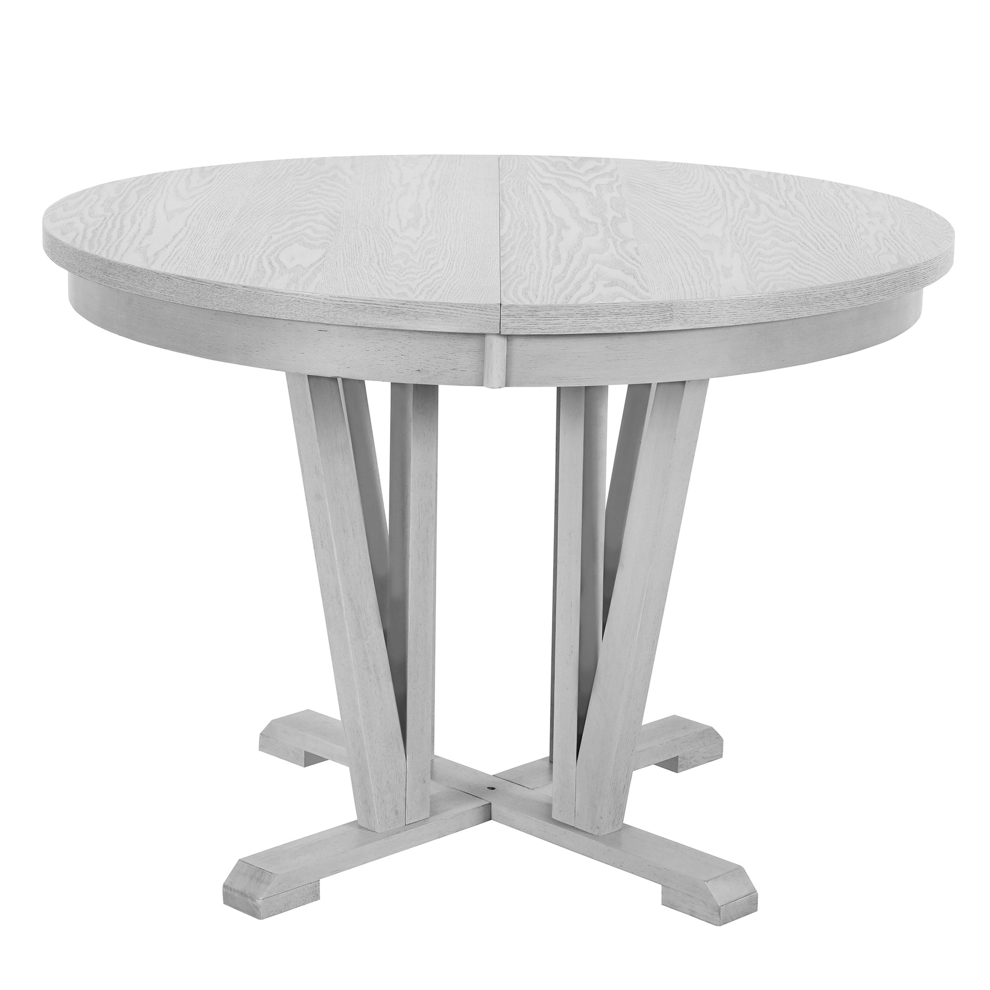 Rustic 5 Piece Extendable Dining Table Set Round Trestle Table And 4 Cross Back Dining Chairs For Kitchen, Dining Room, Gray Gray Wood Dining Room Solid Wood Rubberwood Round Dining Table With Chair Wood Wood Gray Solid Back Seats 4 Removable Leaf