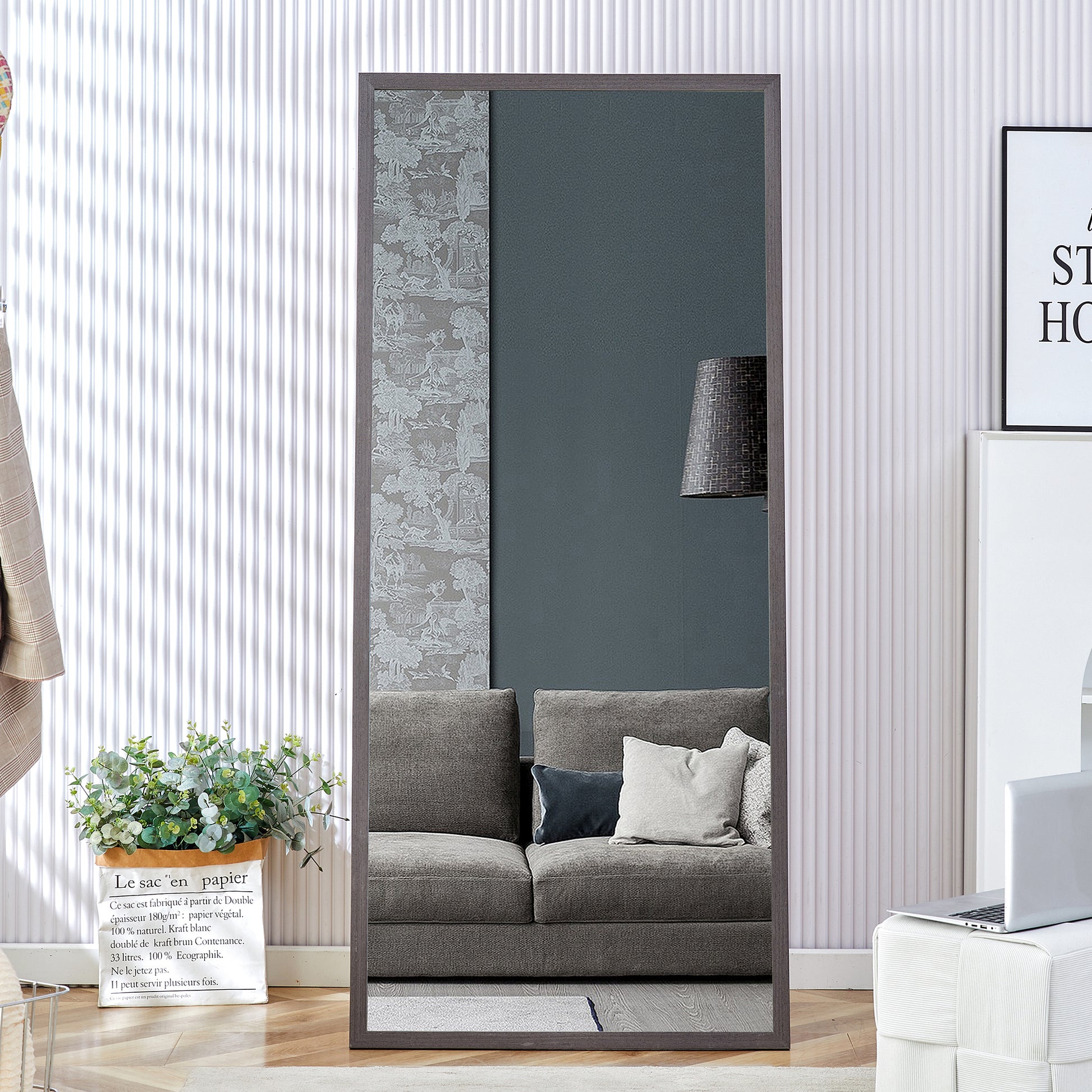 Fourth Generation Solid Wood Frame Full Length Mirror, Dressing Mirror, Bedroom Porch, Decorative Mirror, Clothing Store, Floor Standing Large Mirror, Wall Mounted. 71 "* 31.5" Gray Glass