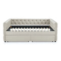 Upholstered Full Size Daybed With Two Drawers, With Button And Copper Nail On Square Arms, Beige 82.75''X58''X30.75'' Box Spring Not Required Full Beige Composite Bedroom