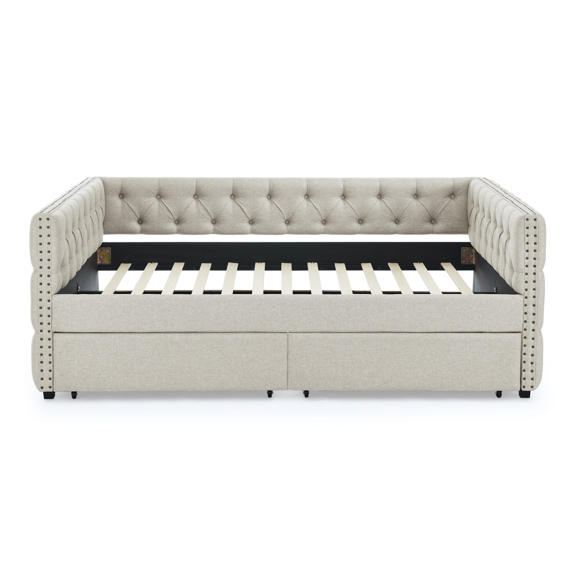 Upholstered Full Size Daybed With Two Drawers, With Button And Copper Nail On Square Arms, Beige 82.75''X58''X30.75'' Box Spring Not Required Full Beige Composite Bedroom