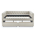 Upholstered Full Size Daybed With Two Drawers, With Button And Copper Nail On Square Arms, Beige 82.75''X58''X30.75'' Box Spring Not Required Full Beige Composite Bedroom