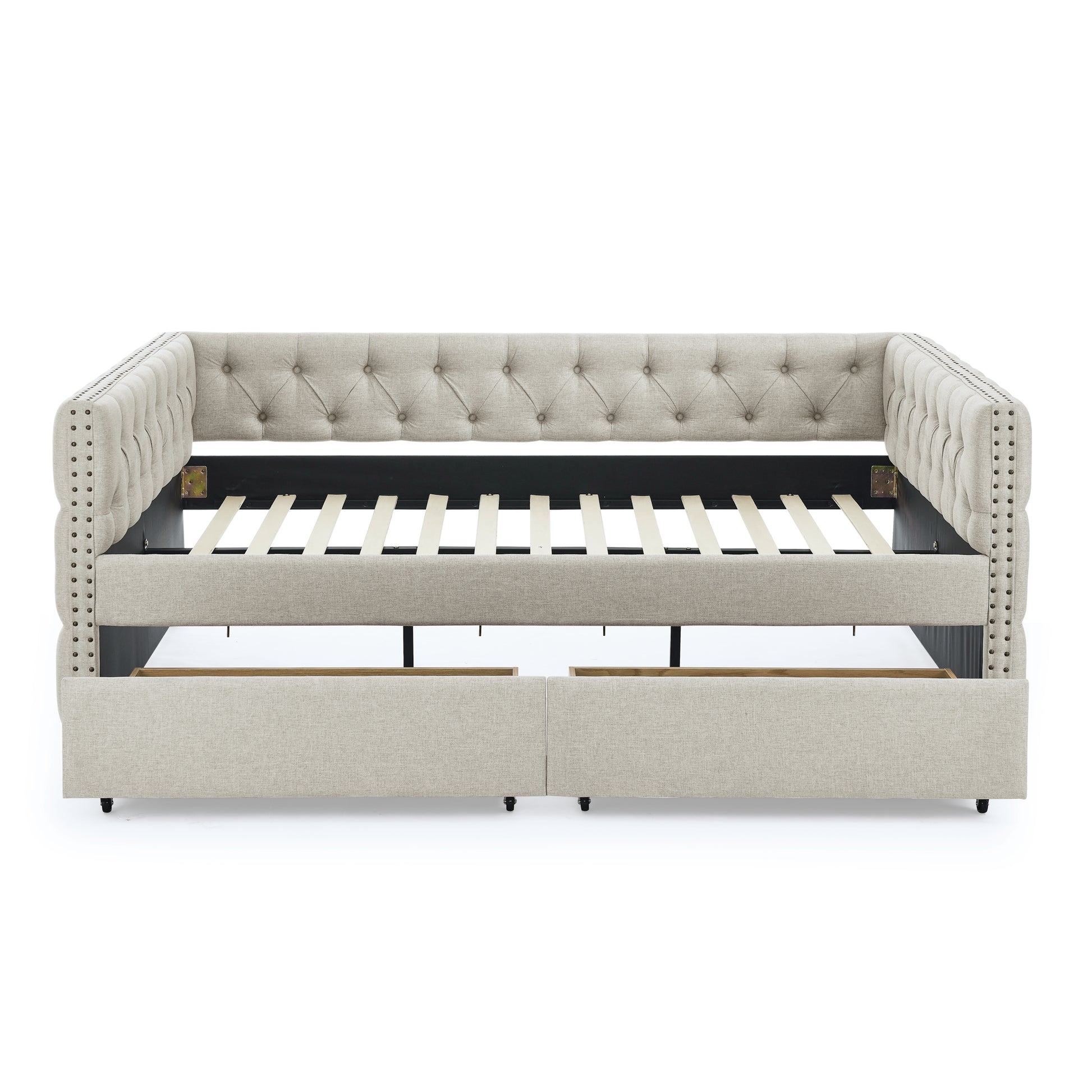 Upholstered Full Size Daybed With Two Drawers, With Button And Copper Nail On Square Arms, Beige 82.75''X58''X30.75'' Box Spring Not Required Full Beige Composite Bedroom