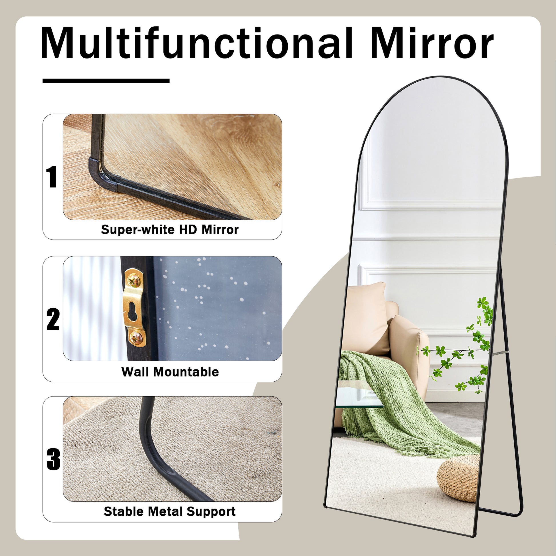 The 4Th Generation Floor Standing Full Length Rearview Mirror. Black Metal Framed Arched Wall Mirror, Bathroom Makeup Mirror, Floor Standing Mirror With Bracket. Black 71 "* 31" Am Black Glass