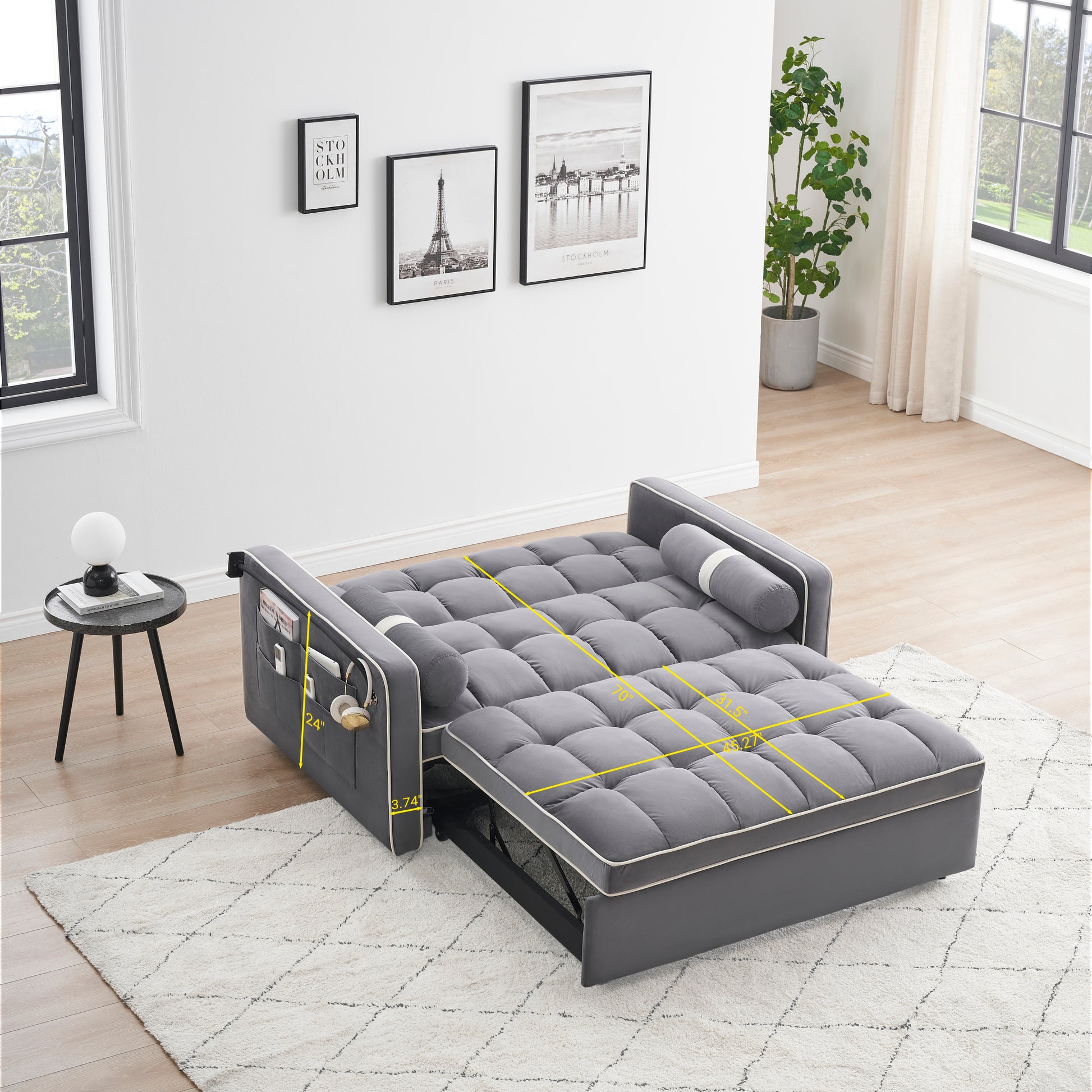 Sleeper Sofa Couch W Pull Out Bed, 55" Modern Velvet Convertible Sleeper Sofa Bed, Small Beautiful Seat Sofa Bed W Pillows & Side Pockets For Small Space, Living Room, Apartment,Gray Gray Velvet