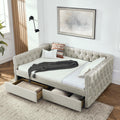 Upholstered Full Size Daybed With Two Drawers, With Button And Copper Nail On Square Arms, Beige 82.75''X58''X30.75'' Box Spring Not Required Full Beige Composite Bedroom