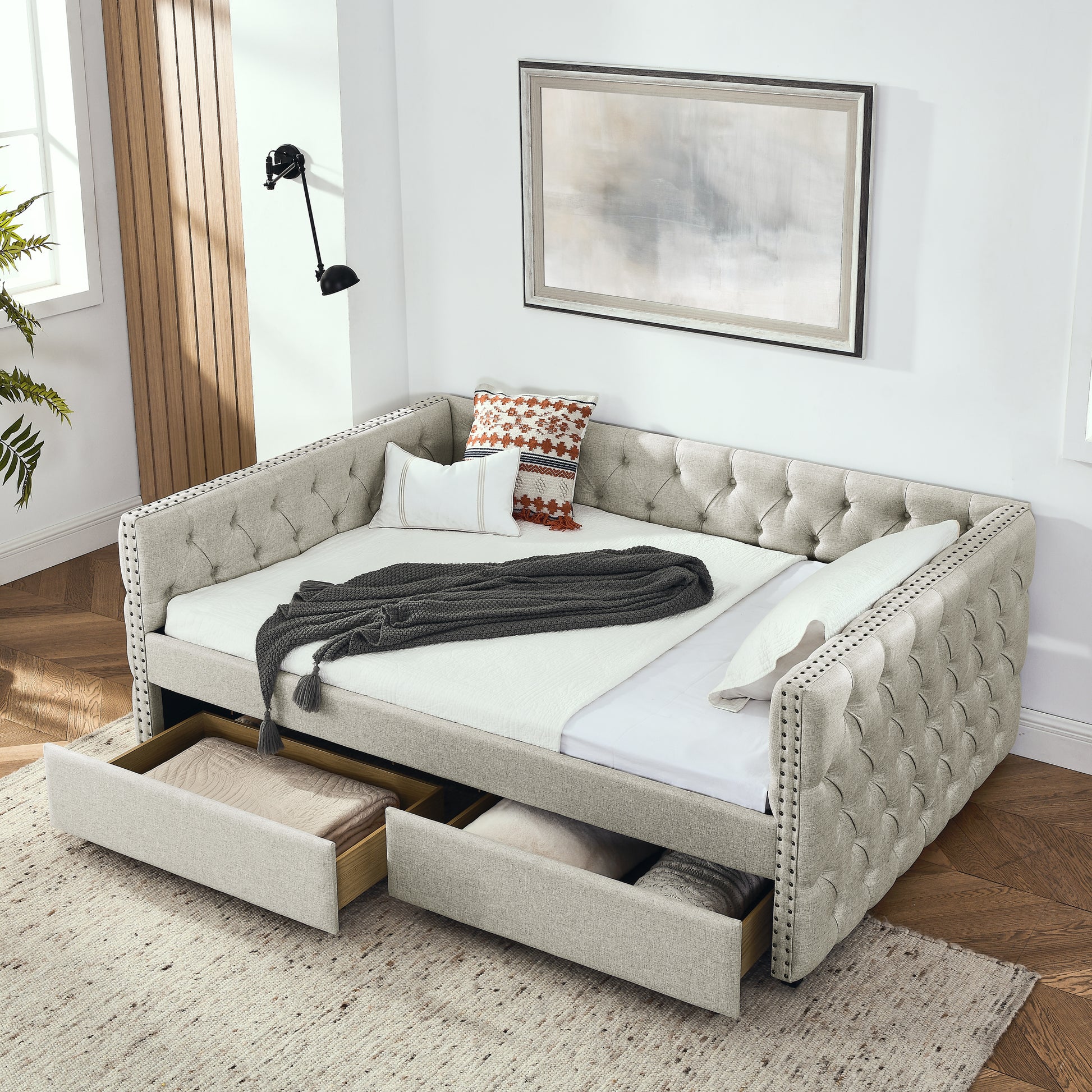 Upholstered Full Size Daybed With Two Drawers, With Button And Copper Nail On Square Arms, Beige 82.75''X58''X30.75'' Box Spring Not Required Full Beige Composite Bedroom