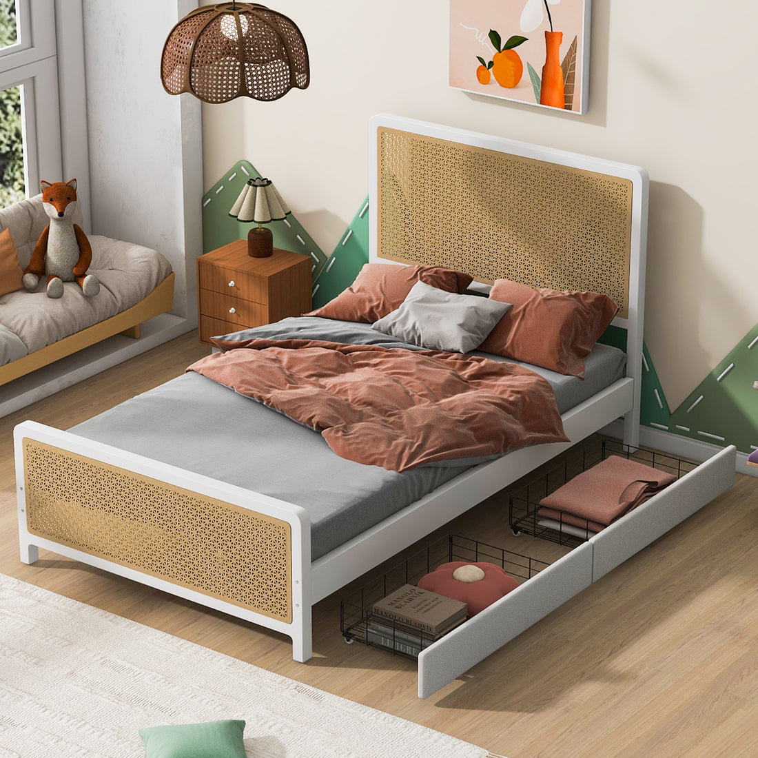 Full Size Metal Platform Bed With 2 Drawers, White Box Spring Not Required Full White Bedroom Bed Frame Metal