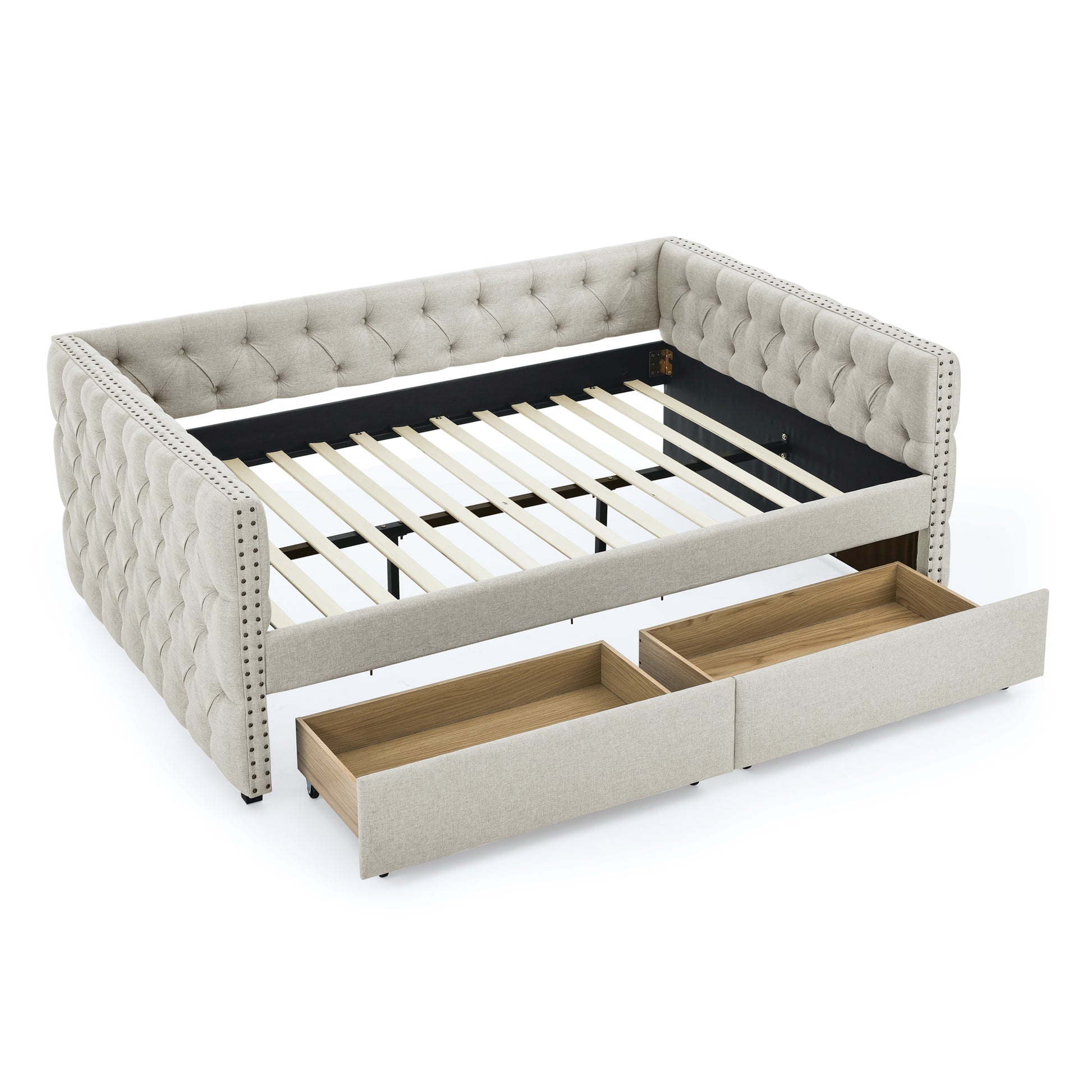 Upholstered Full Size Daybed With Two Drawers, With Button And Copper Nail On Square Arms, Beige 82.75''X58''X30.75'' Box Spring Not Required Full Beige Composite Bedroom