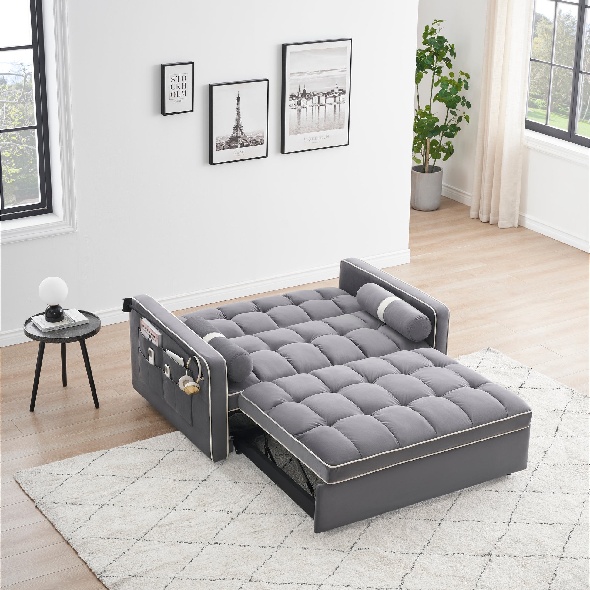 Sleeper Sofa Couch W Pull Out Bed, 55" Modern Velvet Convertible Sleeper Sofa Bed, Small Beautiful Seat Sofa Bed W Pillows & Side Pockets For Small Space, Living Room, Apartment,Gray Gray Velvet