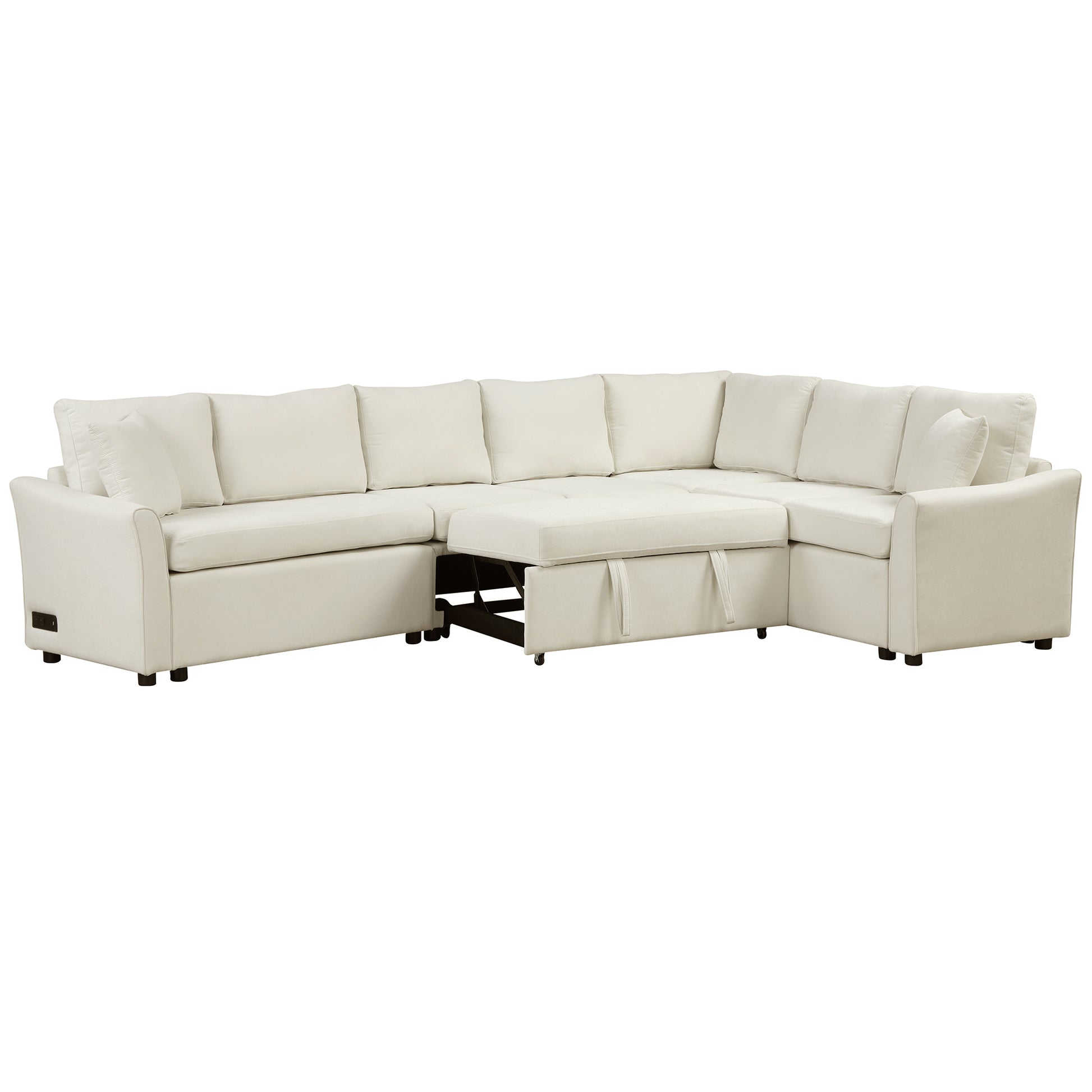 124.8"L Shaped Sofa Convertible Sofa Bed Pull Out Sofa Sleeper With Two Back Pillows, Two Usb Ports And Two Power Sockets For Living Room, Beige Old Sku:Sg000890Aaa Beige Foam Chenille 6 Seat