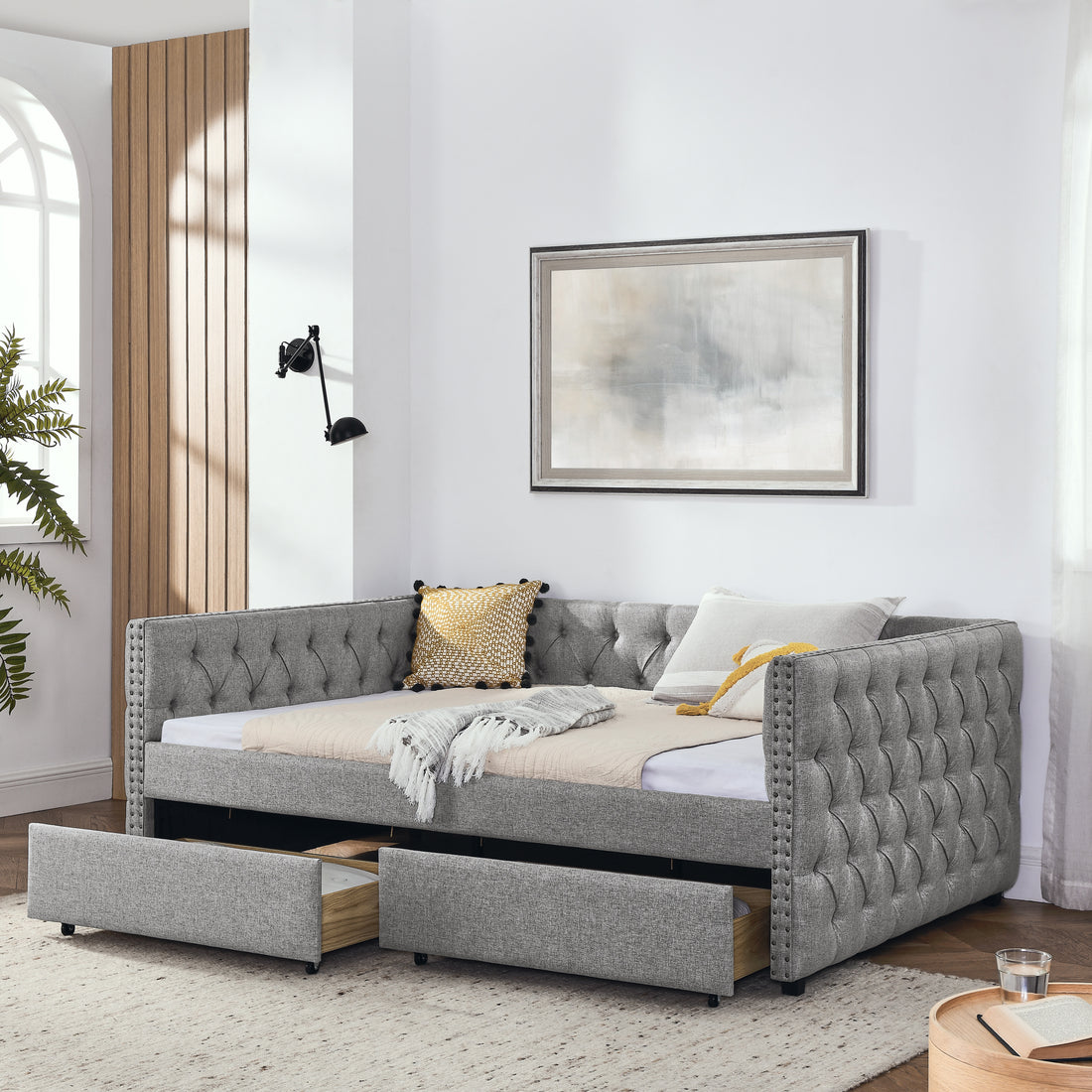 Upholstered Full Size Daybed With Two Drawers, With Button And Copper Nail On Square Arms, Grey 82.75''X58''X30.75'' Box Spring Not Required Full Grey Composite Bedroom Classic,Contemporary,Luxury,Modern,Traditional Linen Linen