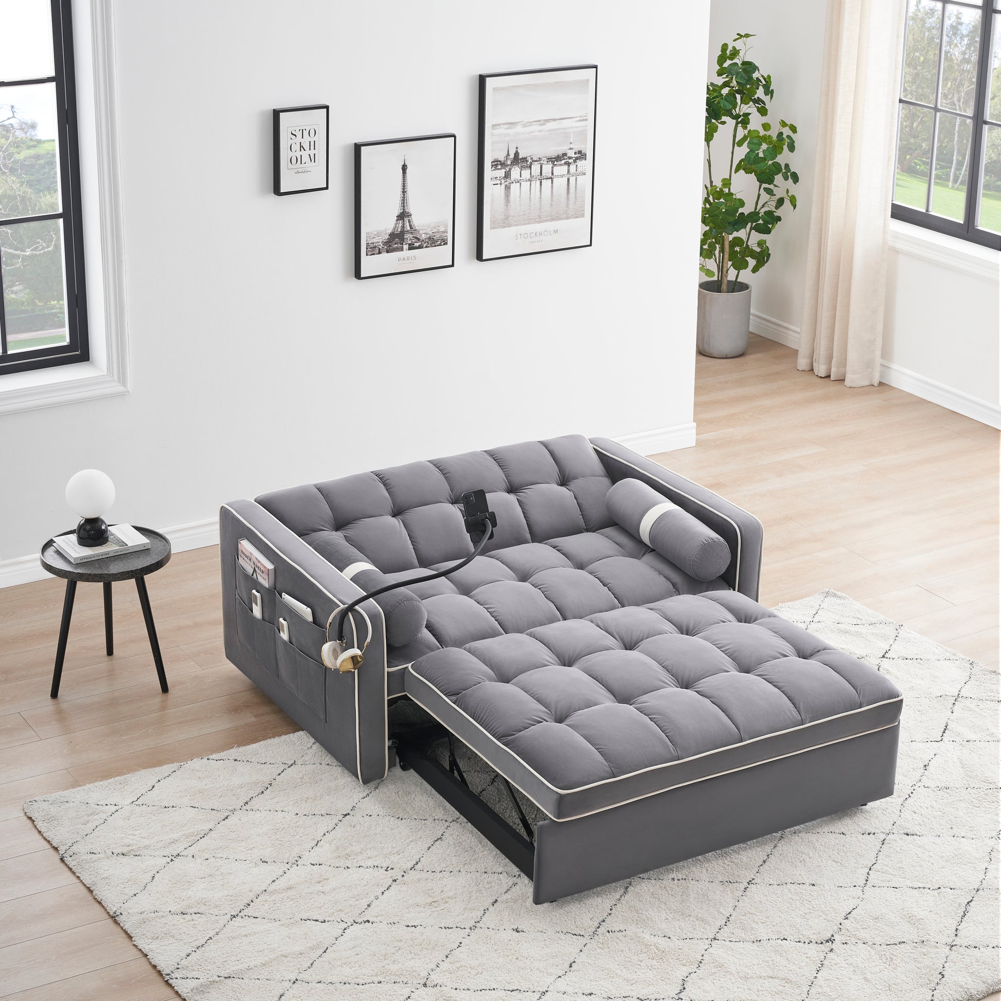 Sleeper Sofa Couch W Pull Out Bed, 55" Modern Velvet Convertible Sleeper Sofa Bed, Small Beautiful Seat Sofa Bed W Pillows & Side Pockets For Small Space, Living Room, Apartment,Gray Gray Velvet