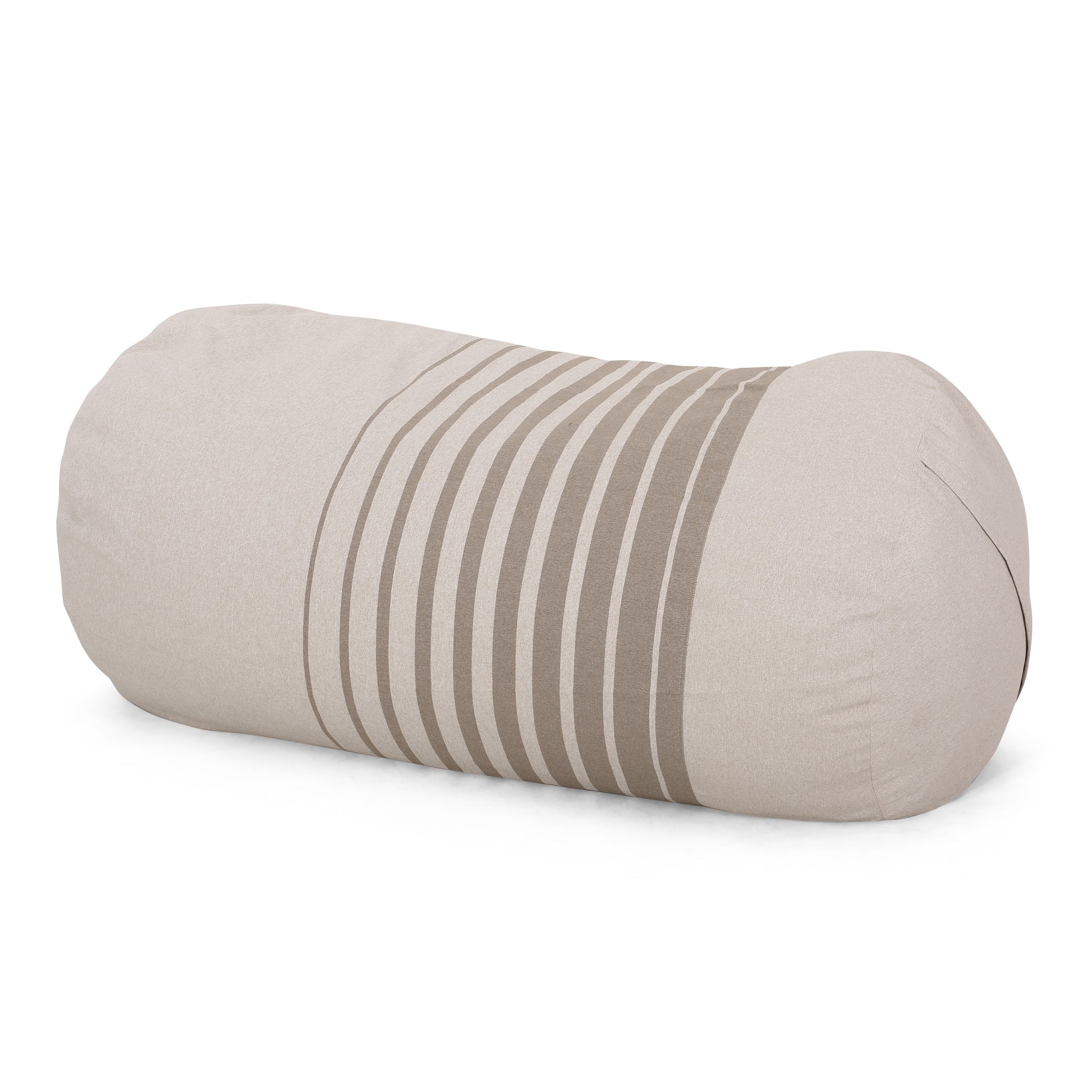 Zeon 6.5 Foot Striped Cylindrical Bean Bag, Natural Color With Ligt Brown Stripes Natural Cream Fabric