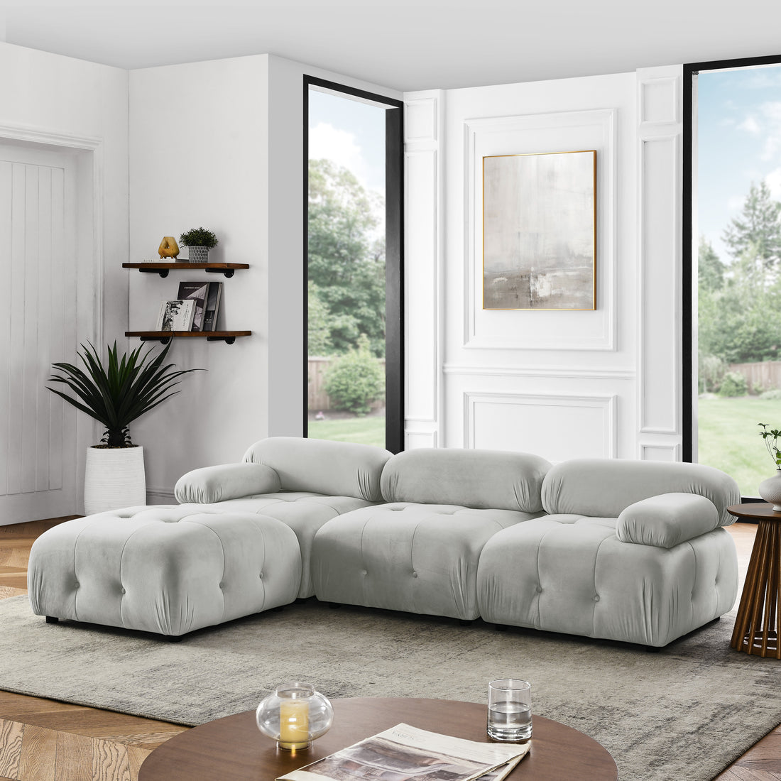 Modular Sectional Sofa, Button Tufted Designed And Diy Combination,L Shaped Couch With Reversible Ottoman, Grey Velvet Light Grey Velvet Wood Soft Tight Back Eucalyptus Pillow Top Arms Foam Spring