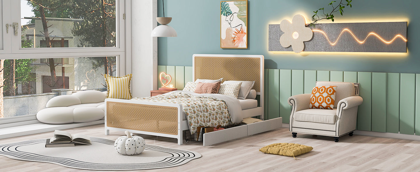 Queen Size Metal Platform Bed With 2 Drawers, White Box Spring Not Required Queen White Bedroom Bed Frame Metal