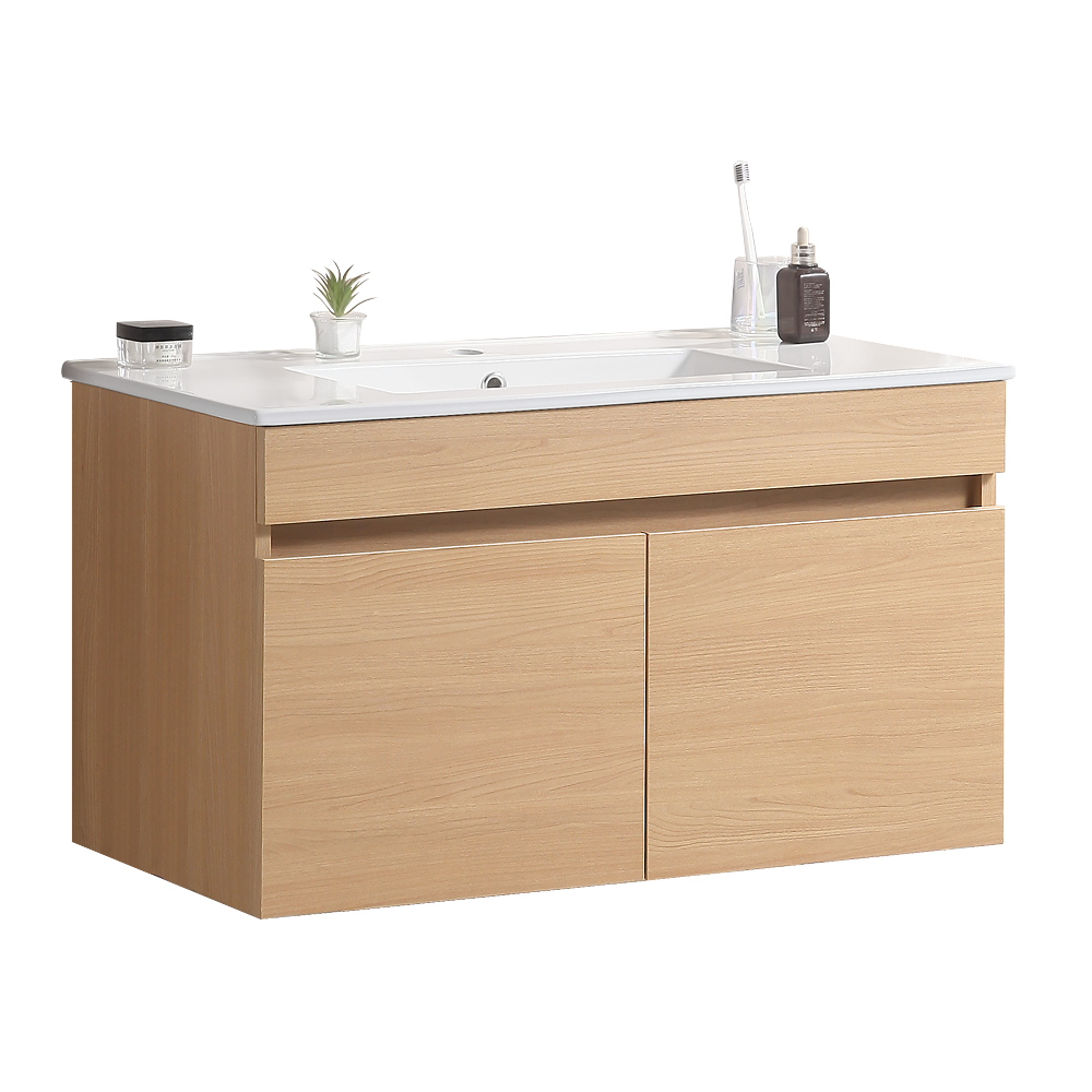 36 Inch Wall Mounted Bathroom Vanity With White Ceramic Basin,Two Soft Close Cabinet Doors, Solid Wood,Excluding Faucets,Light Oak Light Oak Solid Wood