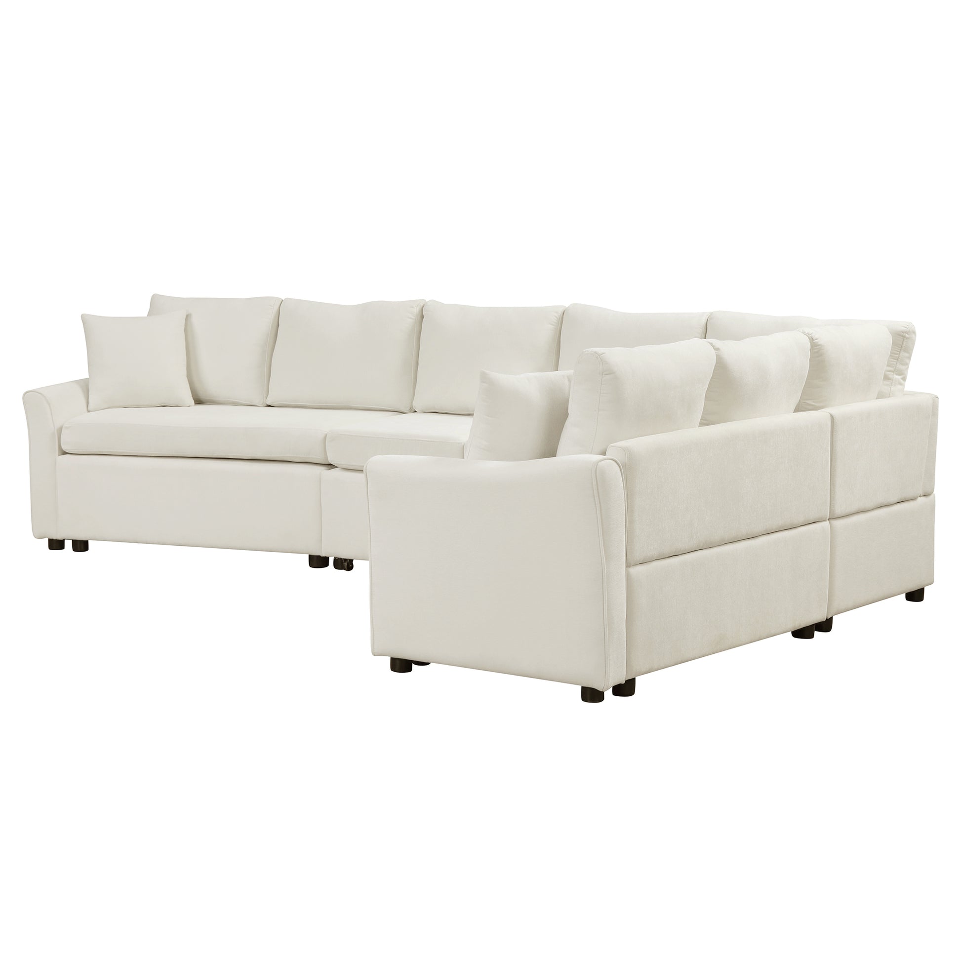 124.8"L Shaped Sofa Convertible Sofa Bed Pull Out Sofa Sleeper With Two Back Pillows, Two Usb Ports And Two Power Sockets For Living Room, Beige Old Sku:Sg000890Aaa Beige Foam Chenille 6 Seat