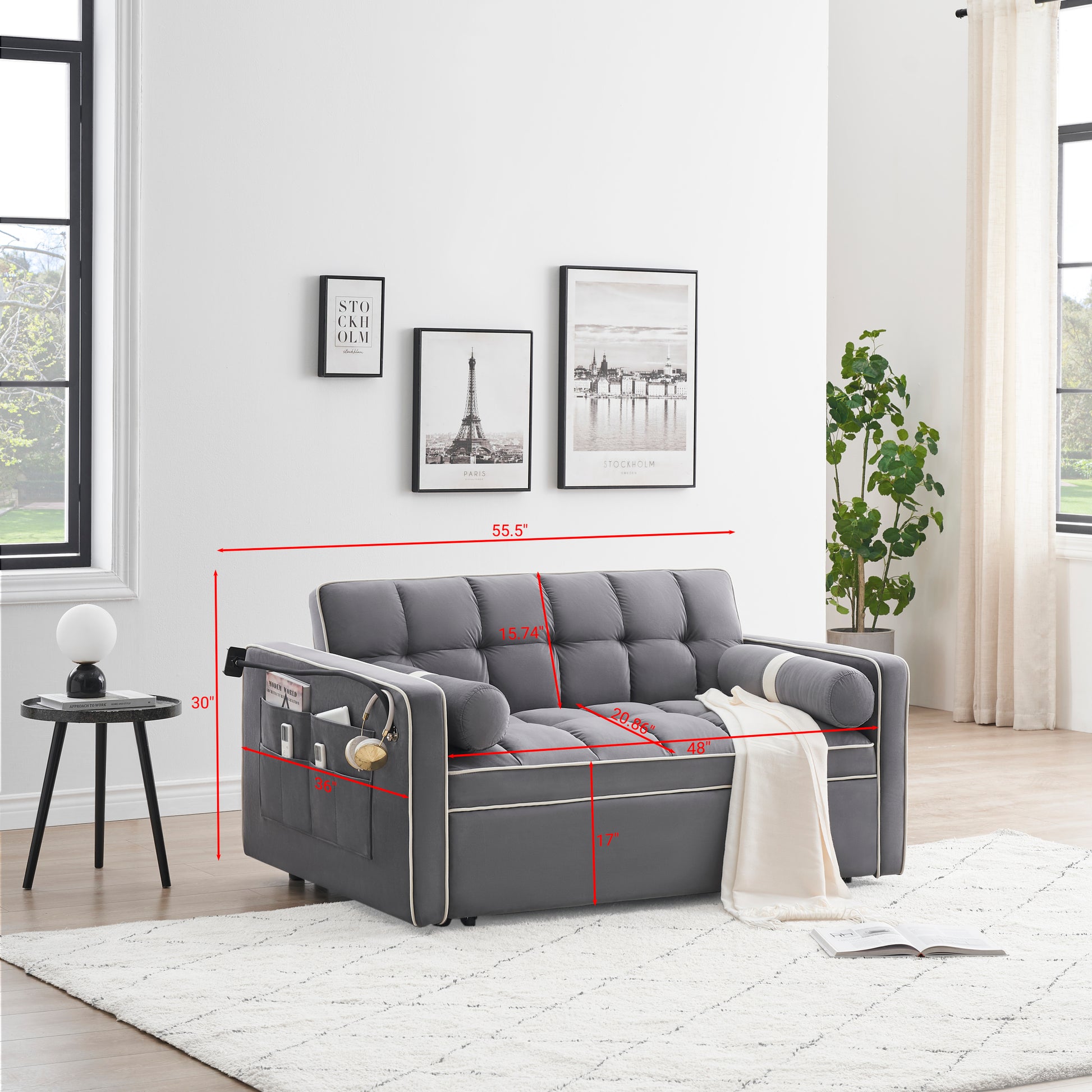 Sleeper Sofa Couch W Pull Out Bed, 55" Modern Velvet Convertible Sleeper Sofa Bed, Small Beautiful Seat Sofa Bed W Pillows & Side Pockets For Small Space, Living Room, Apartment,Gray Gray Velvet