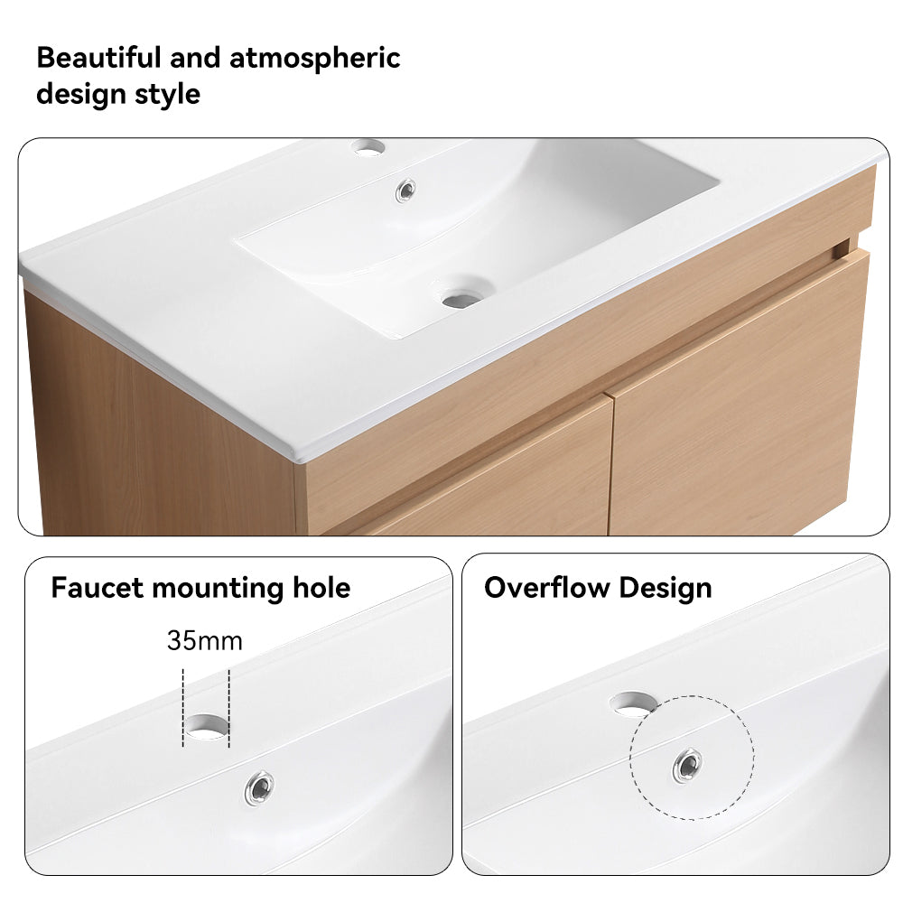 36 Inch Wall Mounted Bathroom Vanity With White Ceramic Basin,Two Soft Close Cabinet Doors, Solid Wood,Excluding Faucets,Light Oak Light Oak Solid Wood