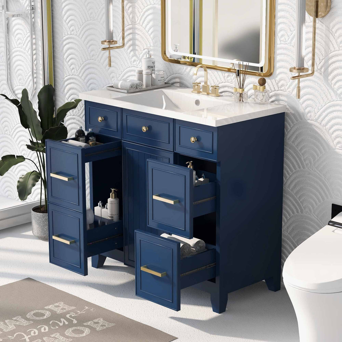 36" Bathroom Vanity Cabinet With Sink Top Combo Set, Navy Blue, Single Sink, Shaker Cabinet With Soft Closing Door And Drawer Navy Blue Solid Wood Mdf Resin