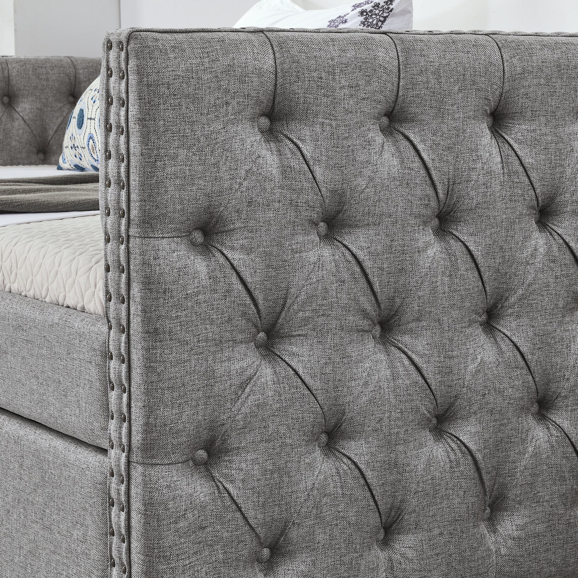 Upholstered Twin Size Daybed With Two Drawers, With Button And Copper Nail On Square Arms, Grey 82.75''X43''X30.75'' Box Spring Not Required Twin Grey Composite Bedroom Classic,Contemporary,Luxury,Modern,Traditional Linen Linen