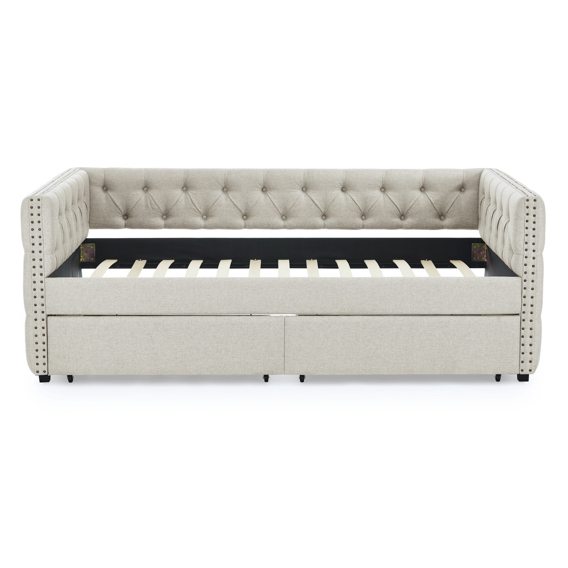 Upholstered Twin Size Daybed With Two Drawers, With Button And Copper Nail On Square Arms, Beige 82.75''X43''X30.75'' Box Spring Not Required Twin Beige Composite Bedroom Classic,Contemporary,Luxury,Modern,Traditional Linen Linen