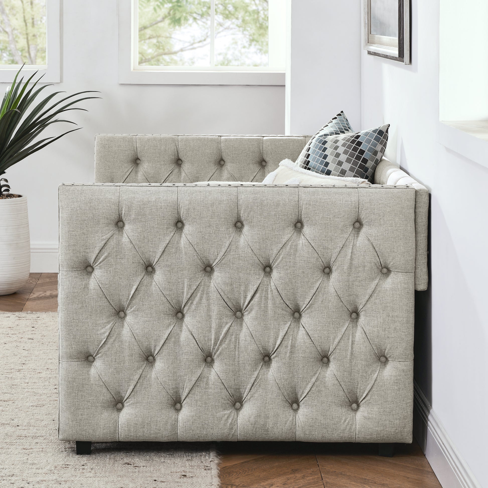 Upholstered Twin Size Daybed With Two Drawers, With Button And Copper Nail On Square Arms, Beige 82.75''X43''X30.75'' Box Spring Not Required Twin Beige Composite Bedroom Classic,Contemporary,Luxury,Modern,Traditional Linen Linen