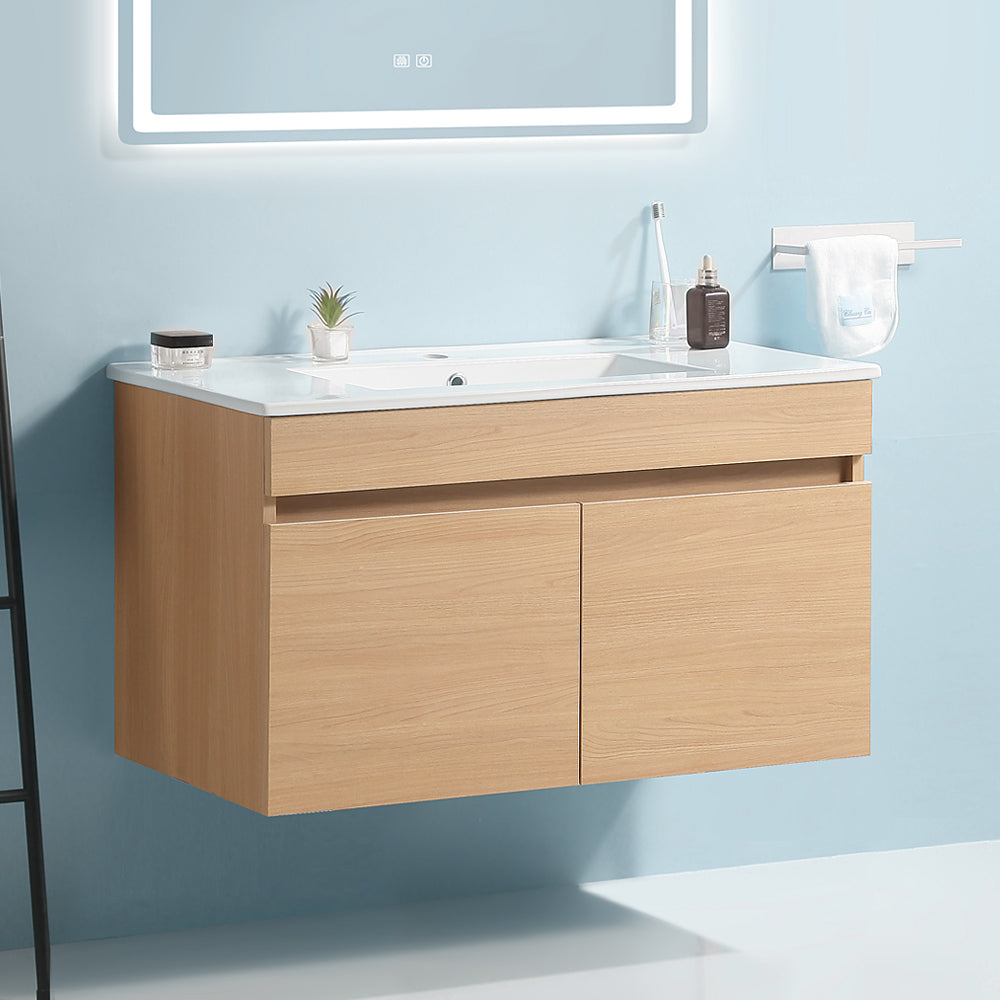 36 Inch Wall Mounted Bathroom Vanity With White Ceramic Basin,Two Soft Close Cabinet Doors, Solid Wood,Excluding Faucets,Light Oak Light Oak Solid Wood