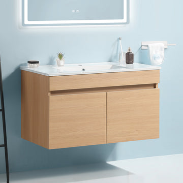 24 Inch Wall Mounted Bathroom Vanity With White Ceramic Basin,Two Soft Close Cabinet Doors, Solid Wood,Excluding Faucets,Light Oak Light Oak Solid Wood