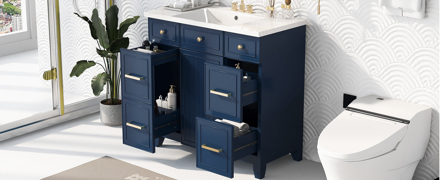 36" Bathroom Vanity Cabinet With Sink Top Combo Set, Navy Blue, Single Sink, Shaker Cabinet With Soft Closing Door And Drawer Navy Blue Solid Wood Mdf Resin